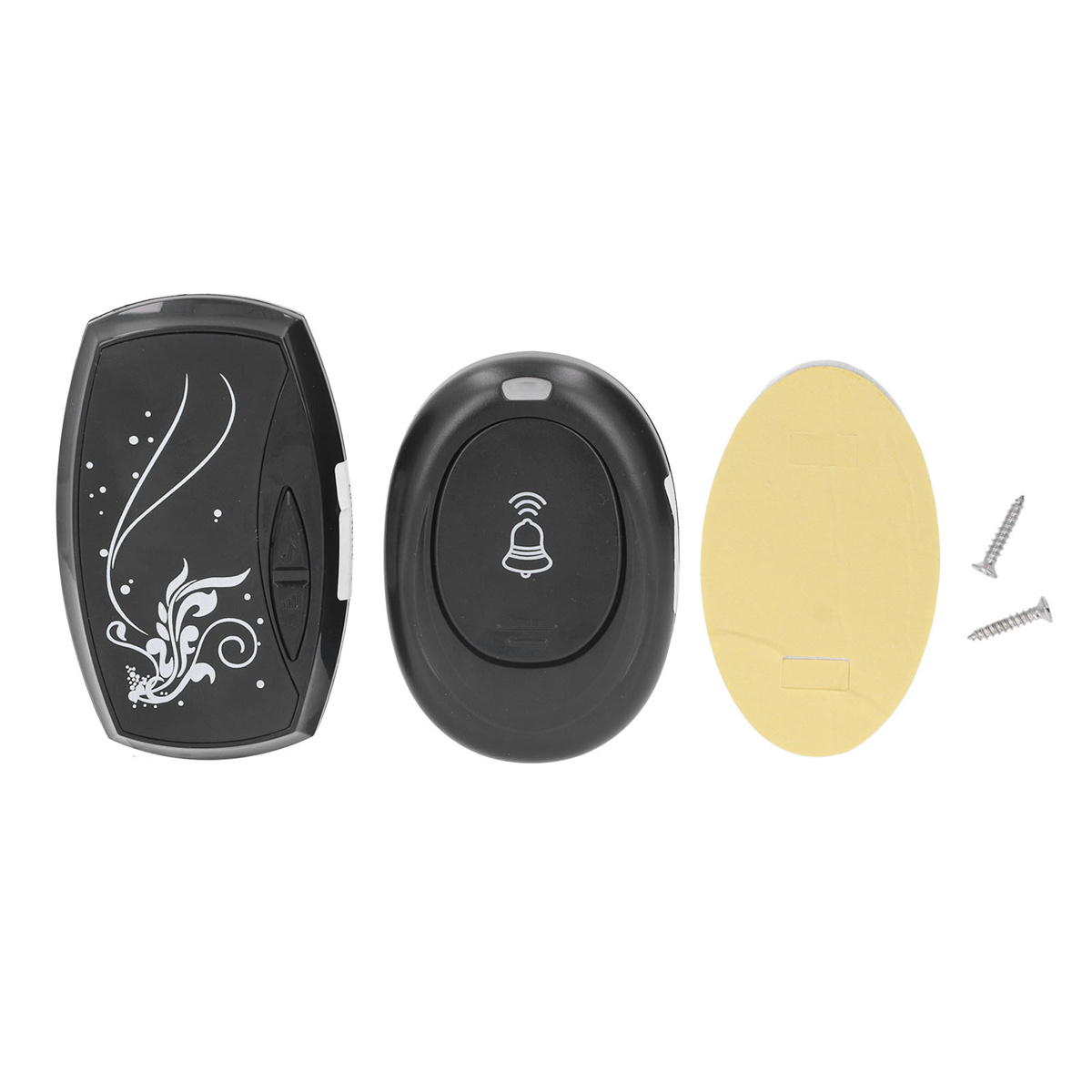 Drei schwarze kabellose Türklingeln. Eine oval, zwei rechteckig mit Schrauben und Klebeband.
