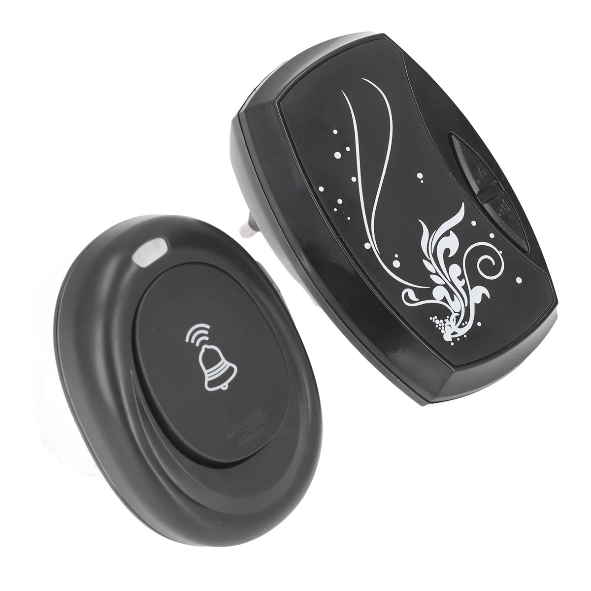 Zwei schwarze drahtlose Türklingelkomponenten, eine mit einem Glockensymbol und die andere mit floralem Design.