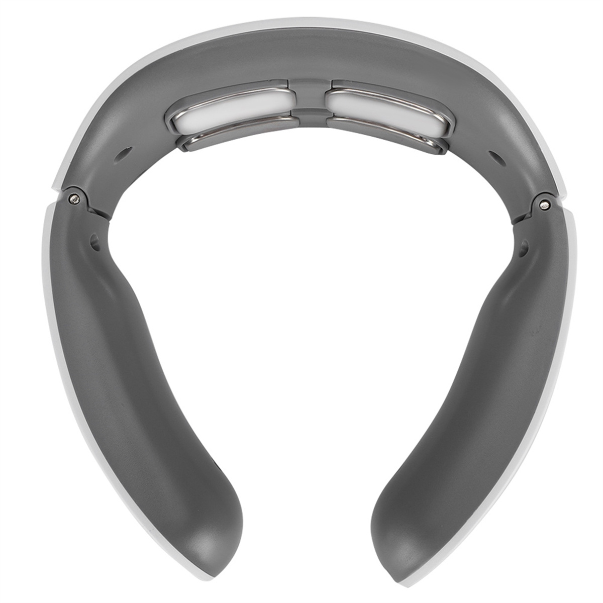 Ein graues und weißes Nackenmassagegerät mit zwei Massageköpfen und einem geschwungenen Design. Es hat ein elegantes Aussehen.