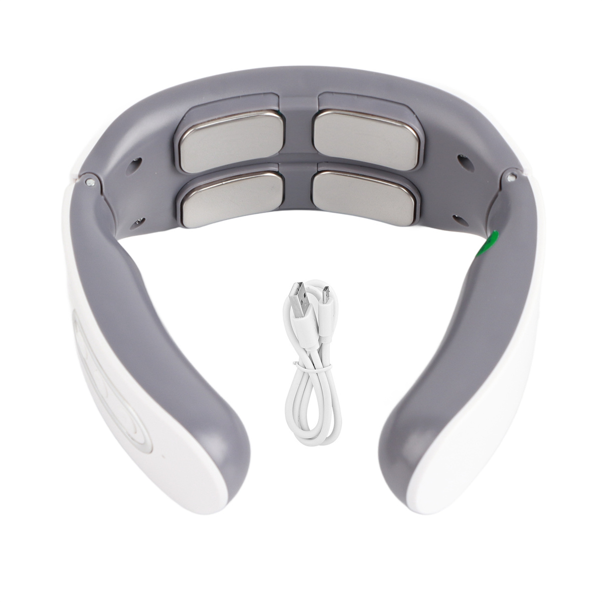 Nackenmassagegerät. Weiß und grau. Ladekabel enthalten.