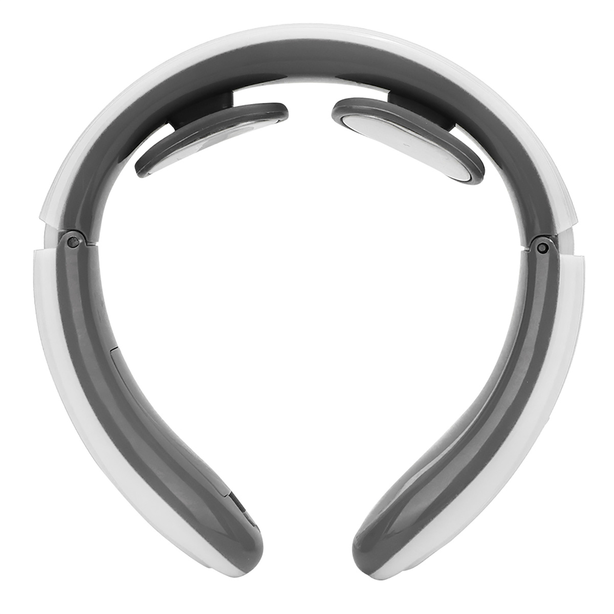 Grau-weißer Nackenmassagegerät. Das Design ist U-förmig und hat zwei Massageköpfe.