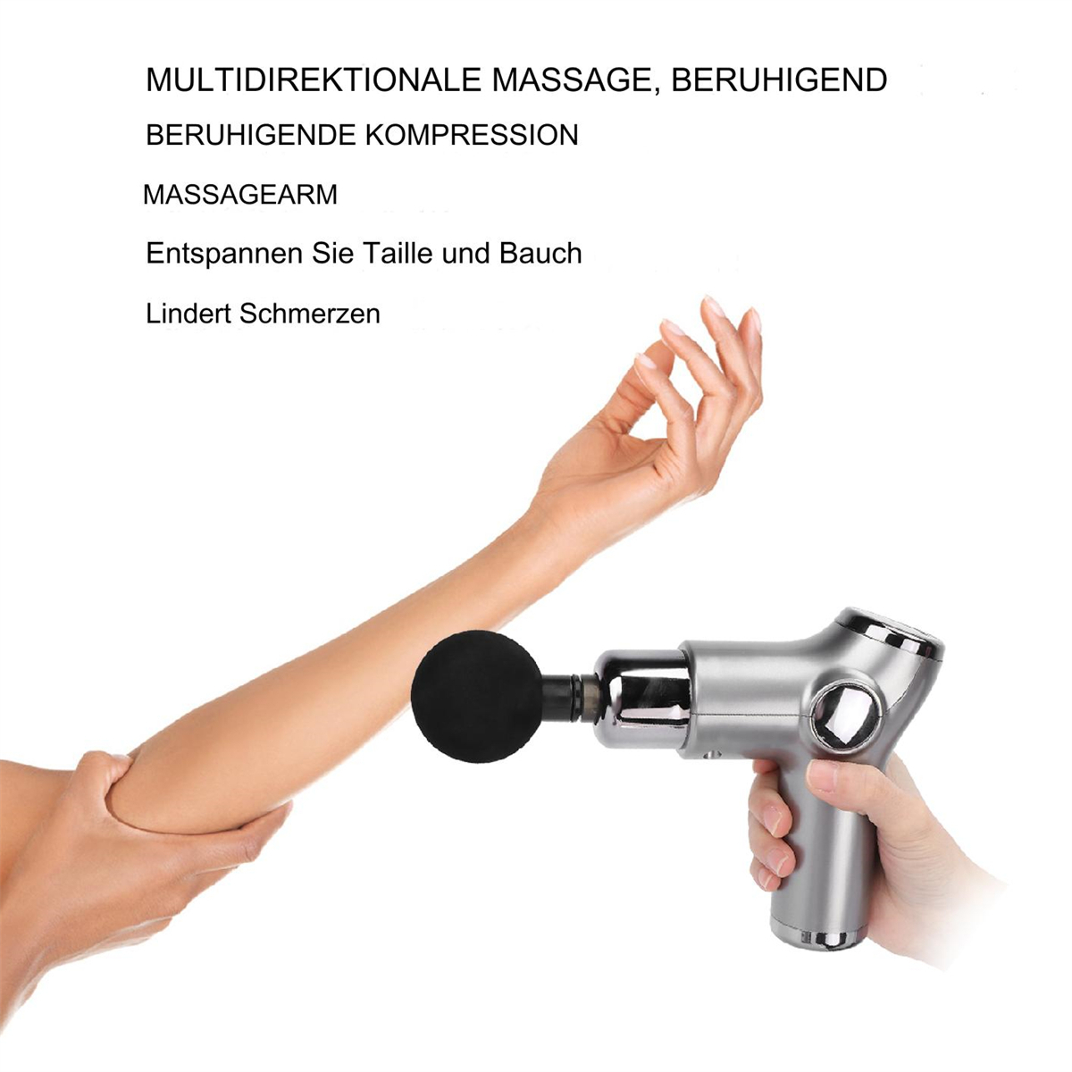 Eine Person hält eine silberne Massagepistole an einem Arm.