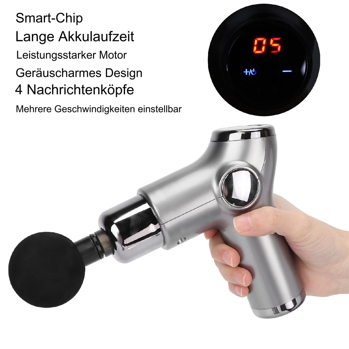 Hand hält eine silberne Massagepistole. Display zeigt Einstellungen. Text ist auf Deutsch.