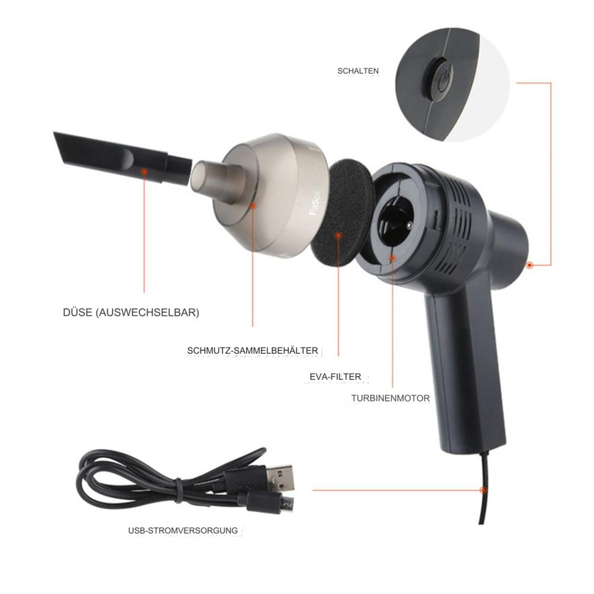 Zerlegter schwarzer Luftentstauber, Filter, Motor und USB-Kabel zeigend. Text beschriftet die Teile auf Deutsch.
