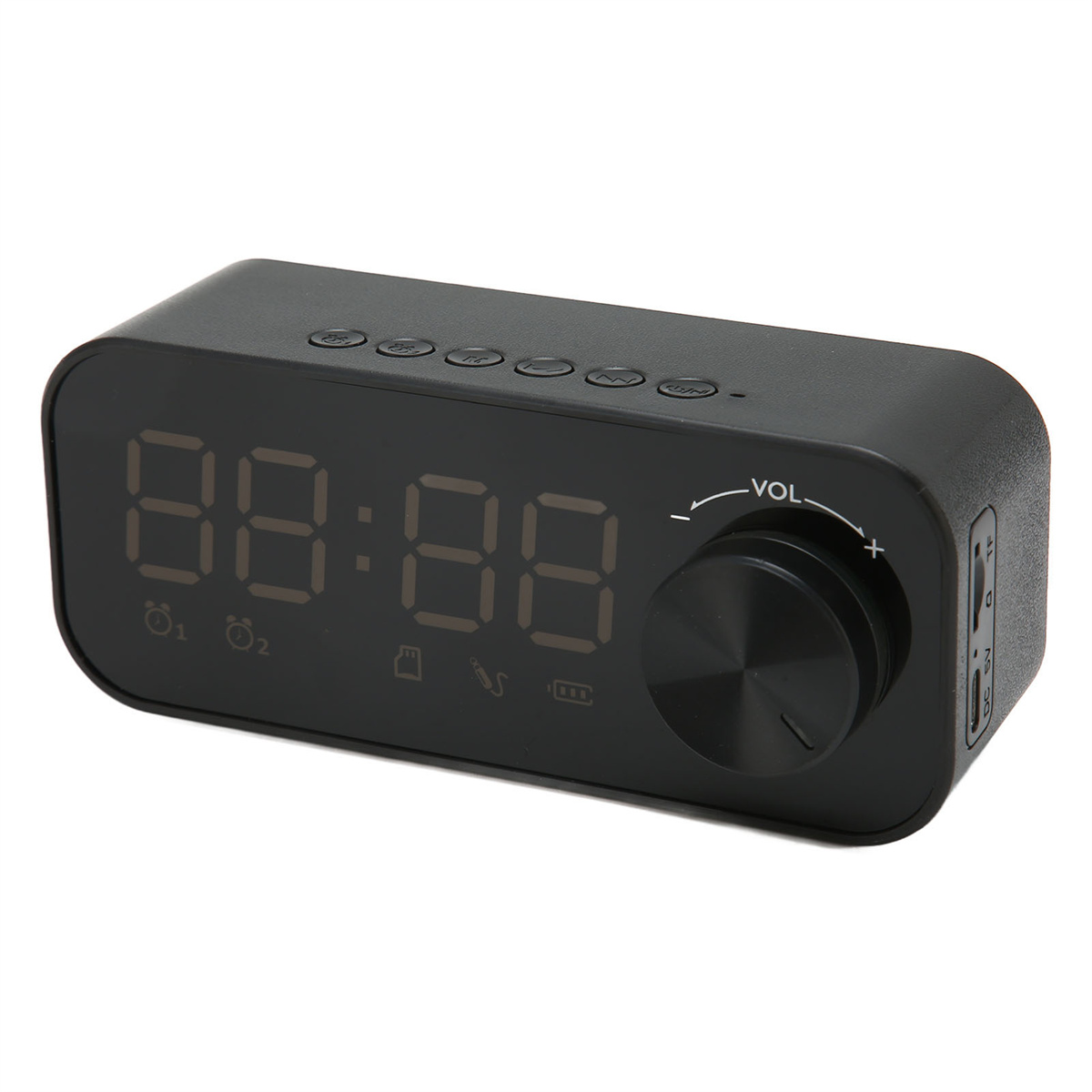 Schwarzer digitaler Wecker mit großem Display, das die Uhrzeit und Symbole zeigt.