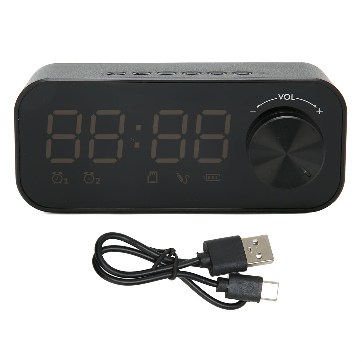 Schwarzer digitaler Wecker mit USB-Kabel. Anzeige zeigt Zeit und Symbole.