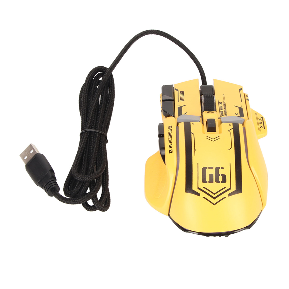 Gelbe Gaming-Maus mit schwarzen Akzenten und USB-Kabel. Sie hat eine G6-Markierung.