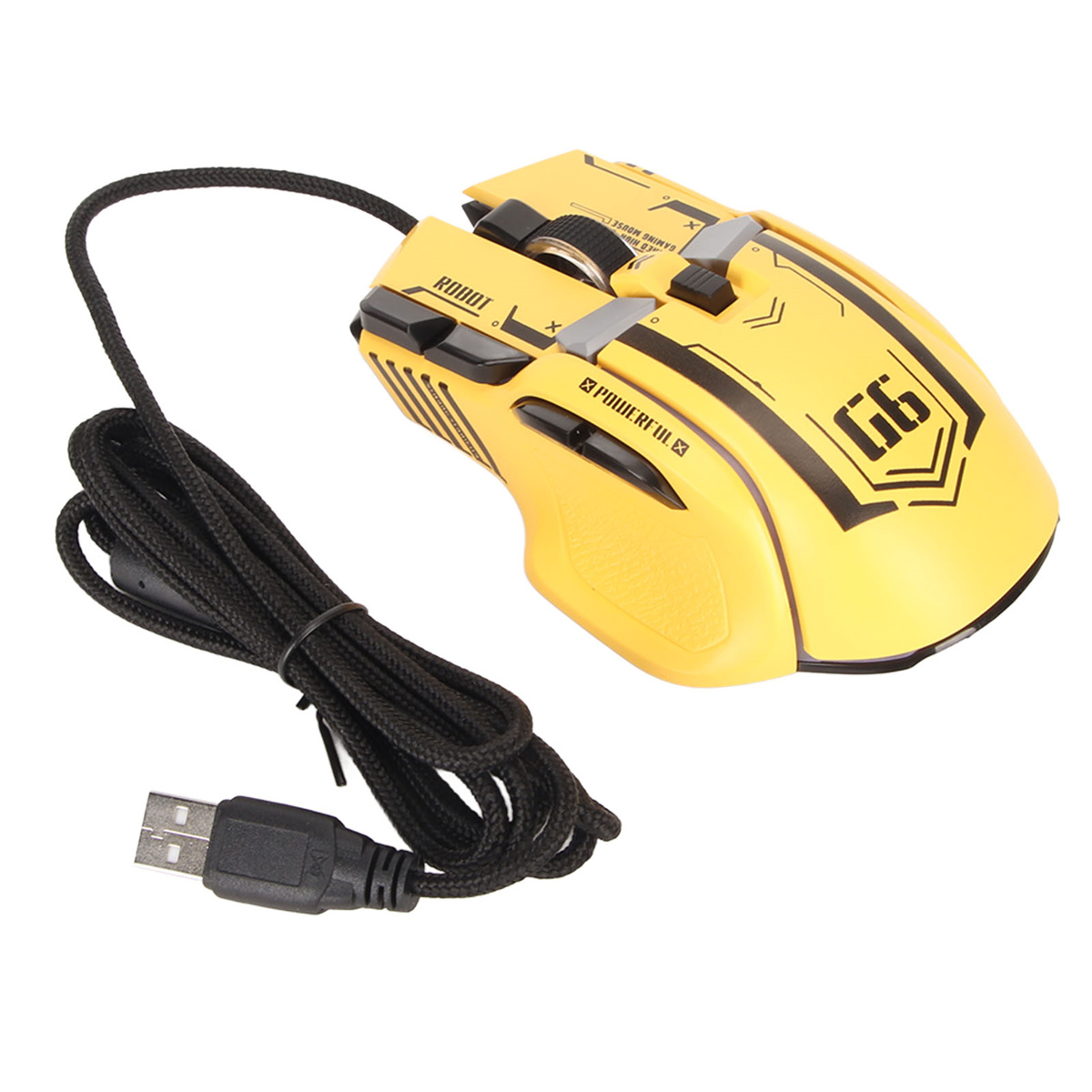 Gelbe Gaming-Maus mit schwarzen Akzenten und einem USB-Kabel.