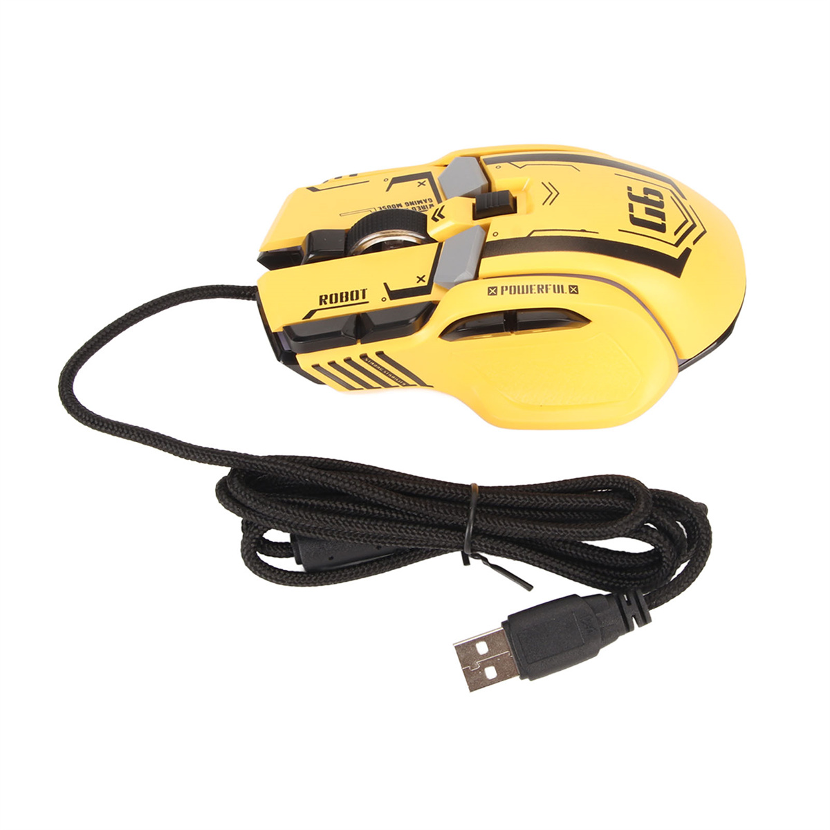 Gelbe und schwarze Gaming-Maus mit schwarzem Kabel und USB-Anschluss. Text: Roboter, Leistungsstark.