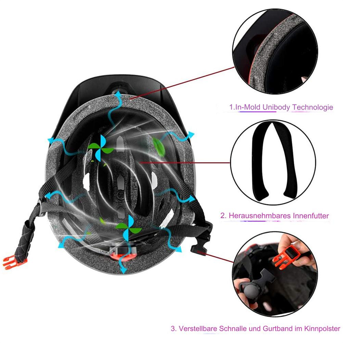 Ein schwarzer Fahrradhelm mit hervorgehobenen Merkmalen. Details sind Belüftung, Riemen und Anpassung.