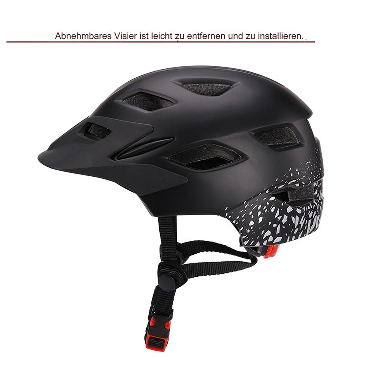 Schwarzer Fahrradhelm, mit Visier, und Riemen, weißer Hintergrund.