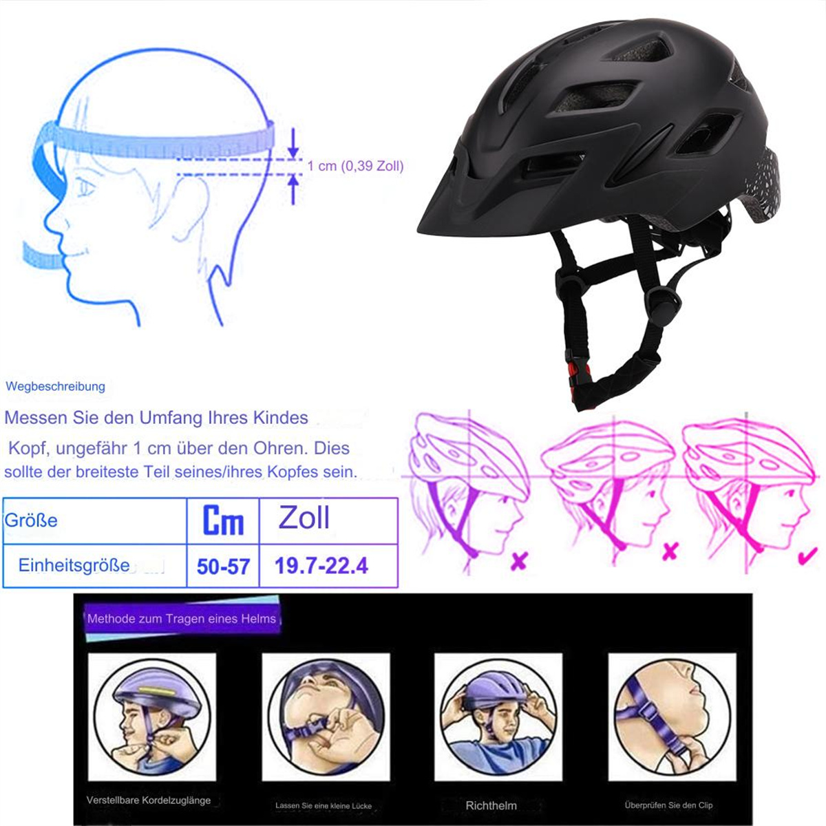 Diagramm zur Helmgröße und -anwendung. Enthält einen schwarzen Helm und Anweisungen.