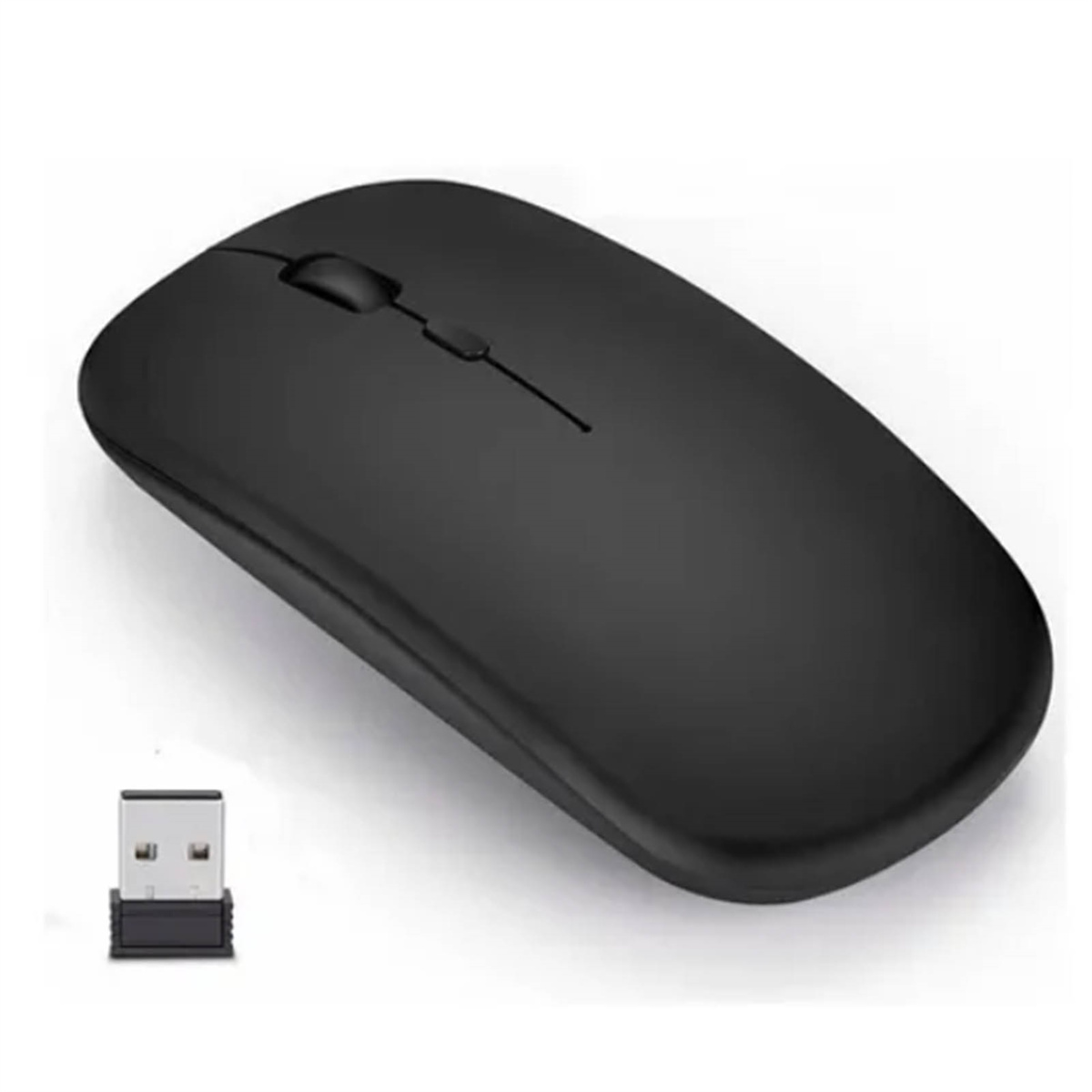 Schwarze kabellose Maus mit USB-Empfänger, isoliert auf Weiß.