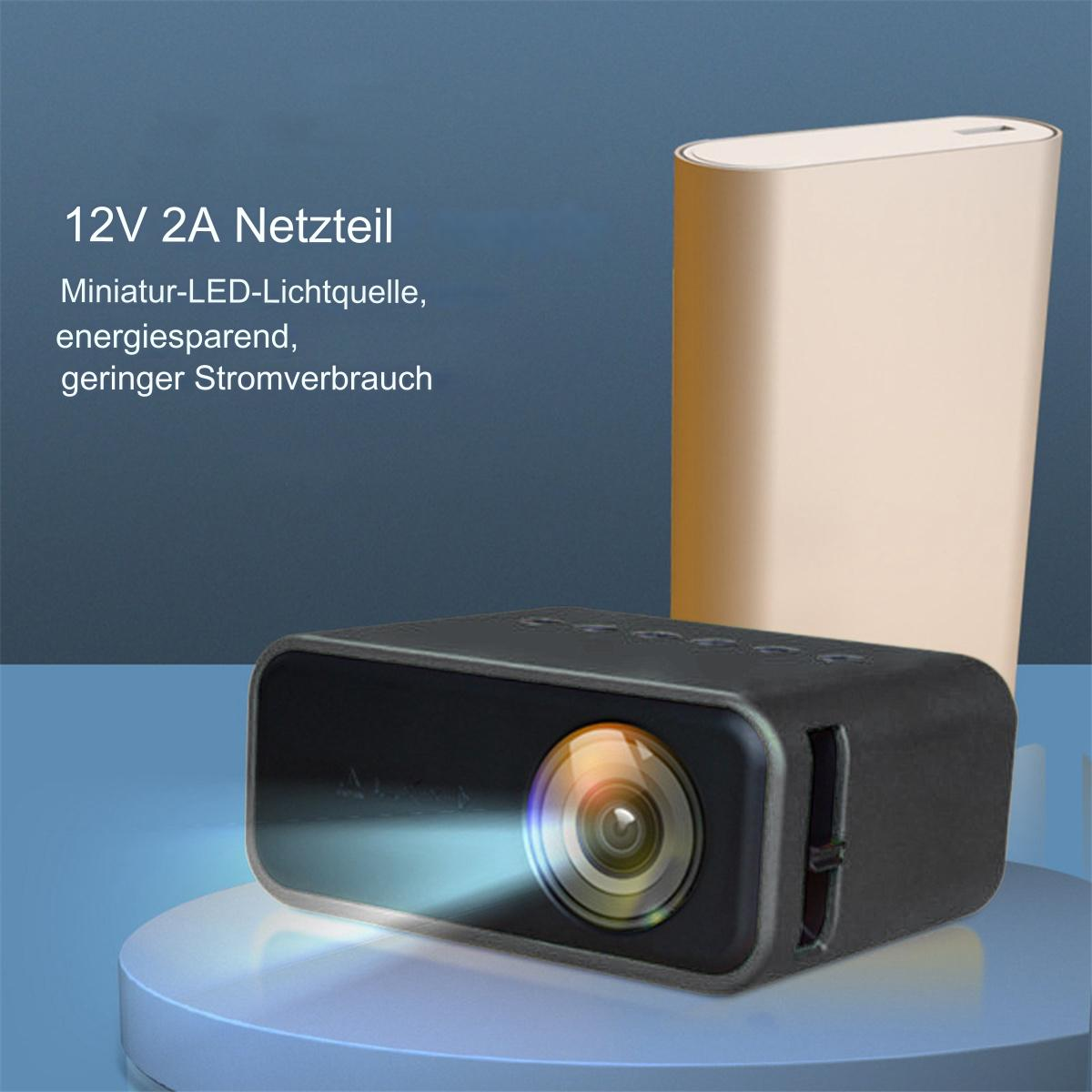 Ein kleiner schwarzer Projektor mit einer goldenen Powerbank. Text: 12V 2A Netzteil.