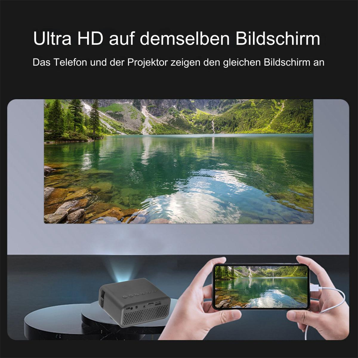 Ein Projektor und ein Telefon, die dasselbe Landschaftsbild projizieren. Schwarzer Tisch und Hintergrund.