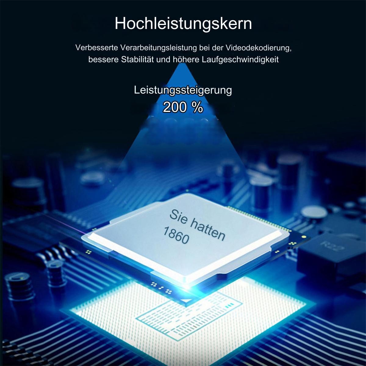 Technische Zeichnung mit Computerchip und Leistungssteigerung von 200 %.