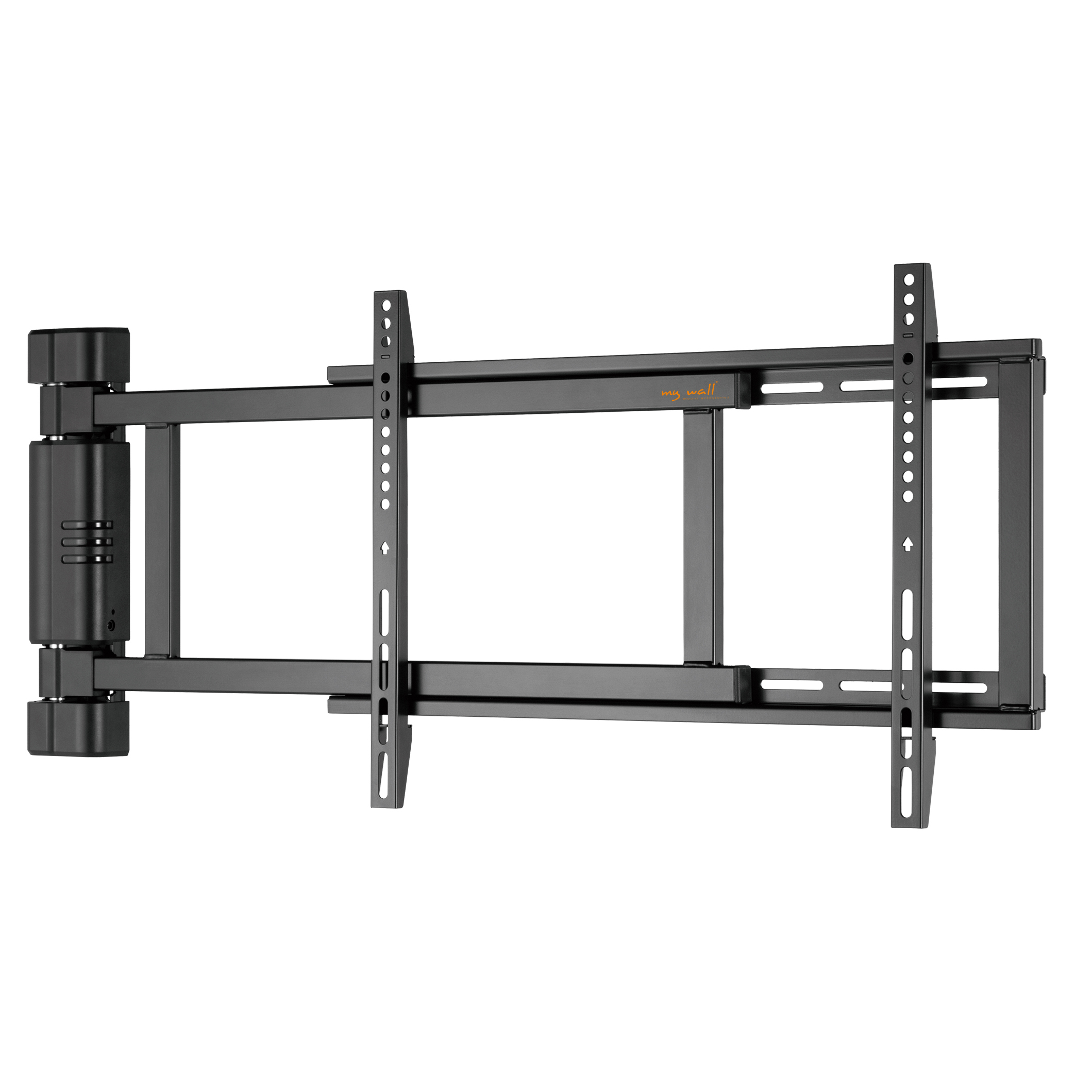 Schwarze TV-Wandhalterung, mit verstellbaren Armen, Metallhalterungen und Montageplatte. Weißer Hintergrund.