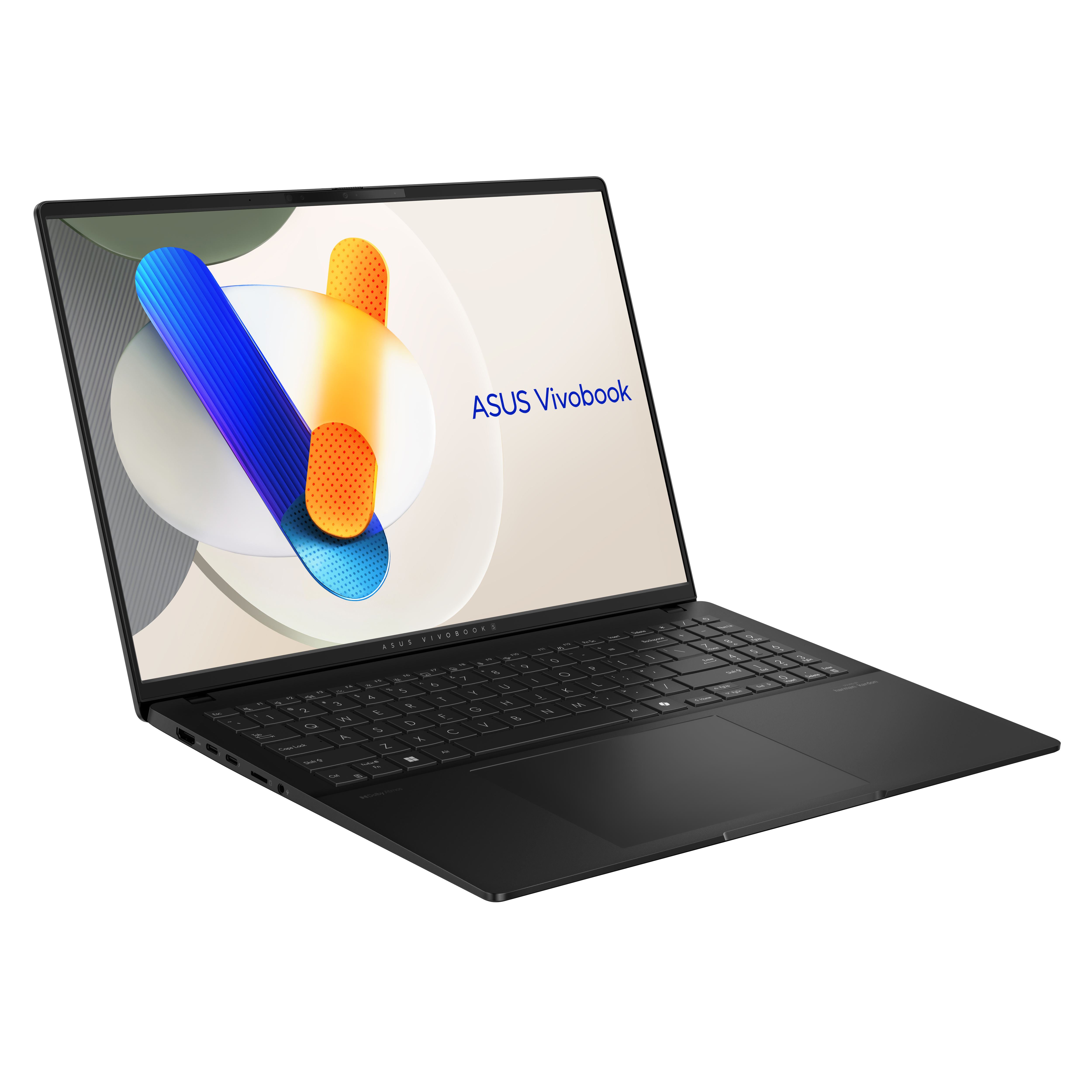 Black laptop with white screen showing ASUS Vivobook logo and keyboard.
