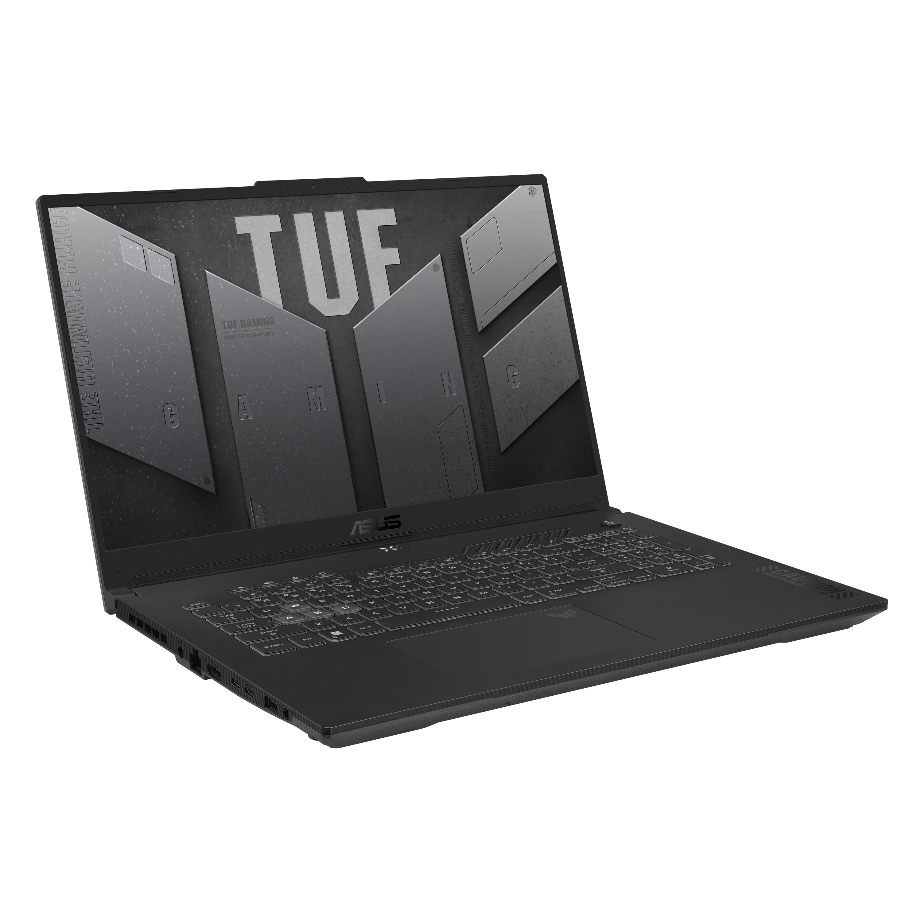 Schwarzer Laptop, schräge Ansicht. Der Bildschirm zeigt eine Gaming-Oberfläche mit grauem und schwarzem Design.