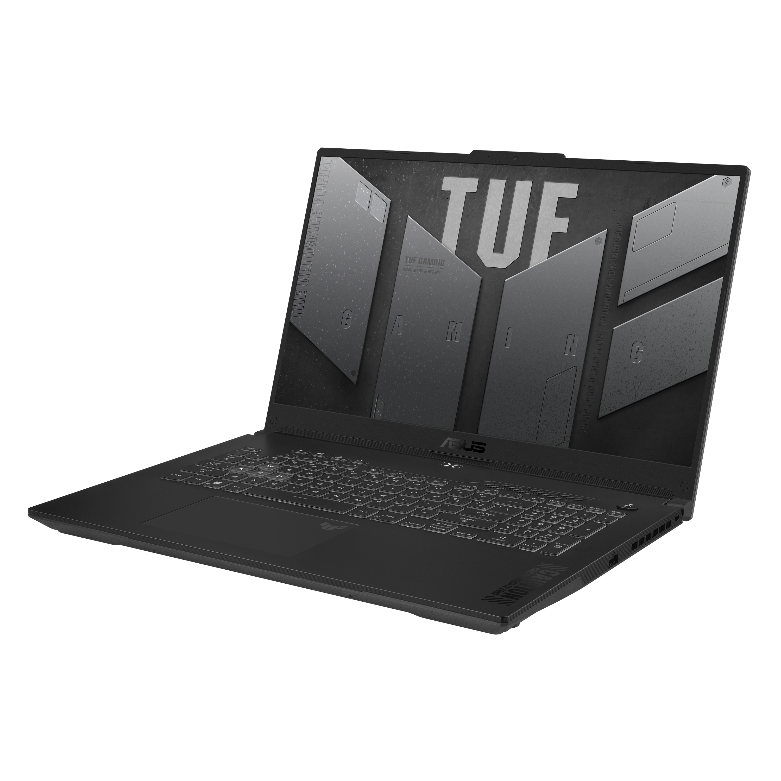 Schwarzer Laptop mit beleuchteter Tastatur. Der Bildschirm hat Grafiken.