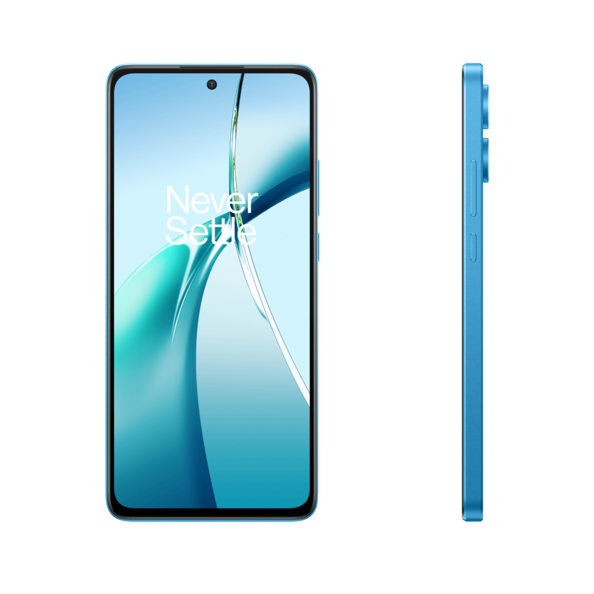 Niebieski smartfon z napisem 'Never Settle' na ekranie, widok z boku.