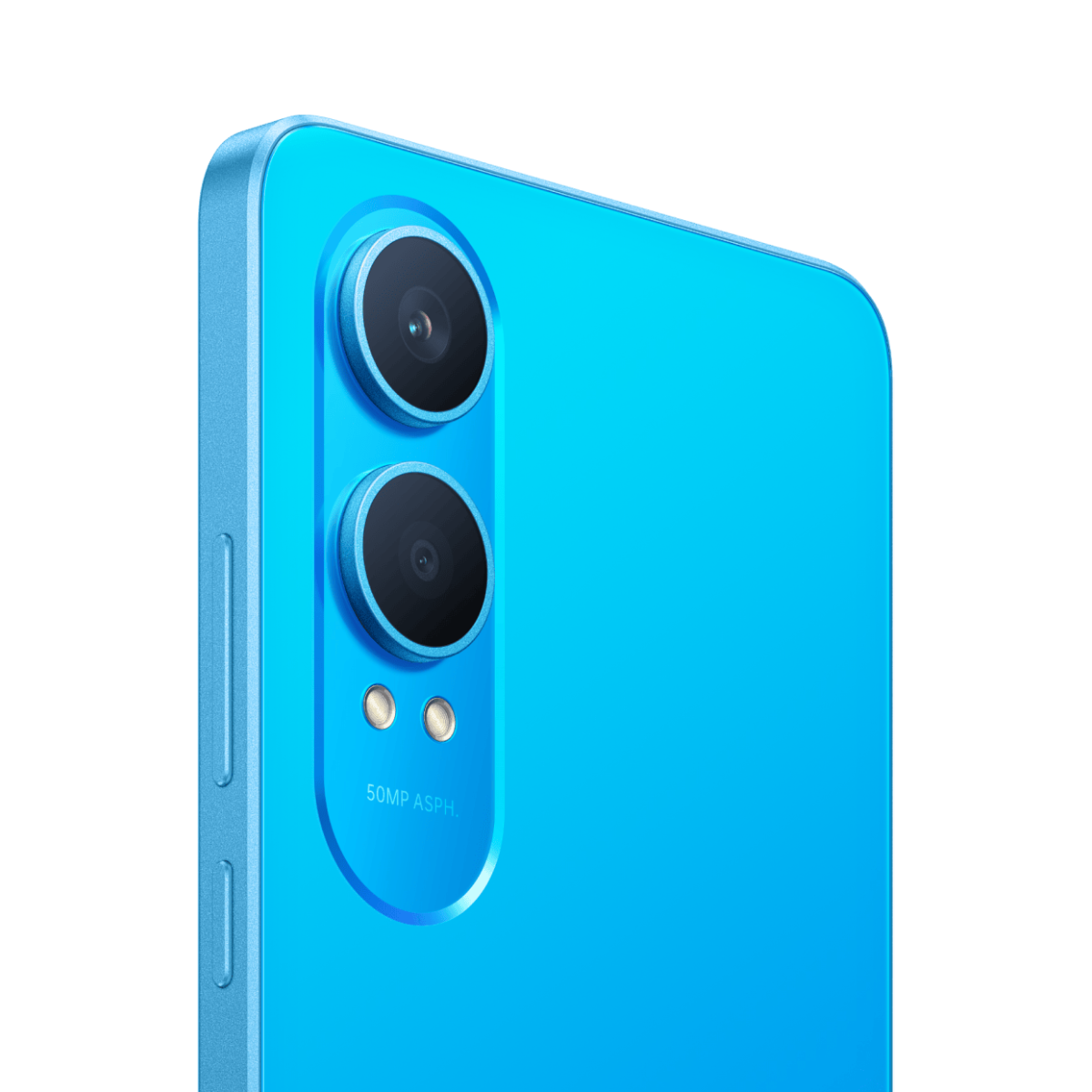 Zbliżenie modułu aparatu niebieskiego telefonu z dwoma obiektywami i lampą błyskową.