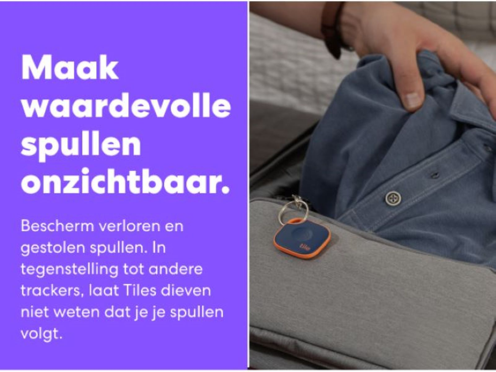 Text on a purple background. Image shows a shirt and a Tile tracker in a suitcase.
