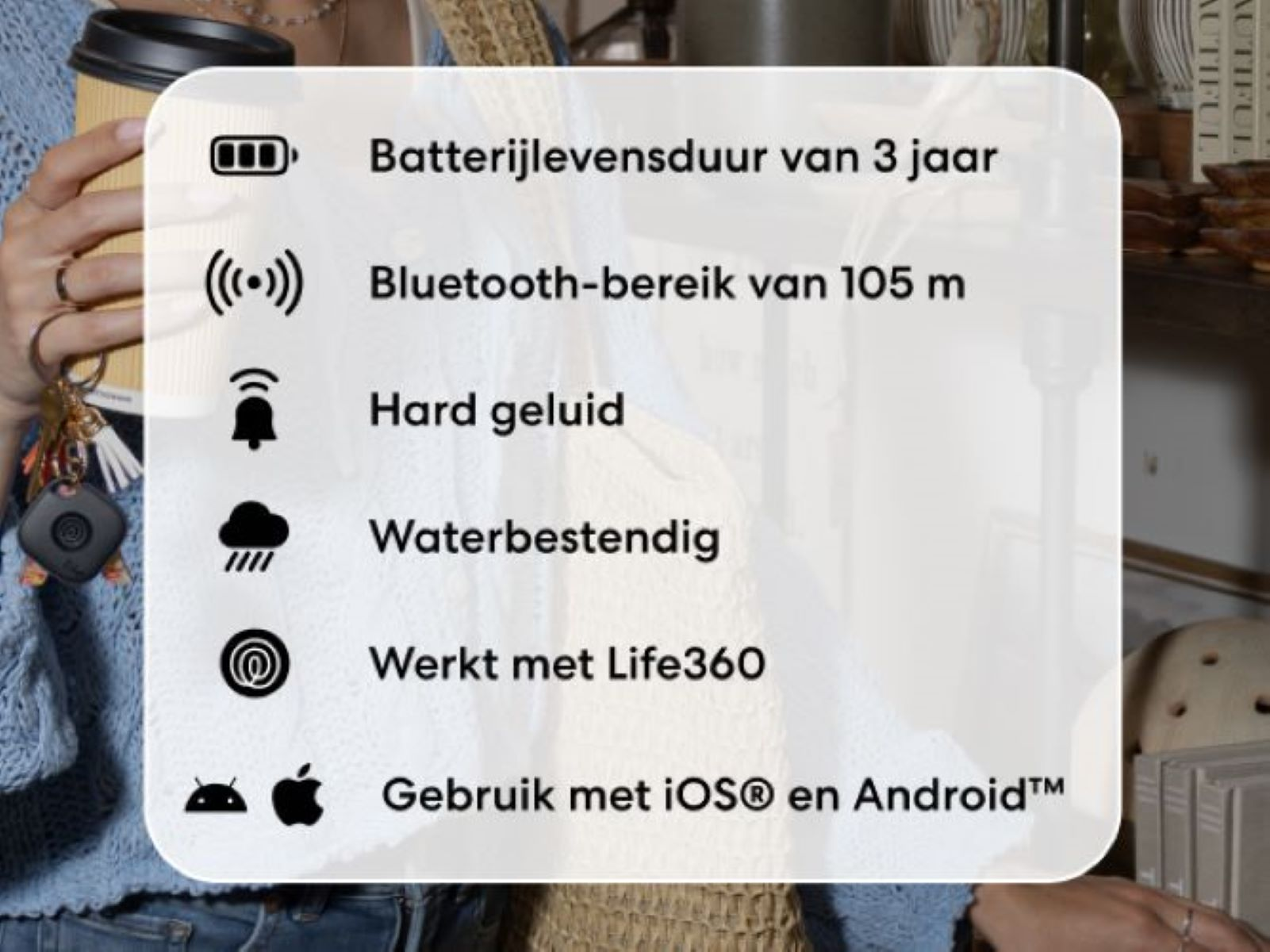 A woman's hand holding a coffee cup. A list of features for a small black device, with icons. 