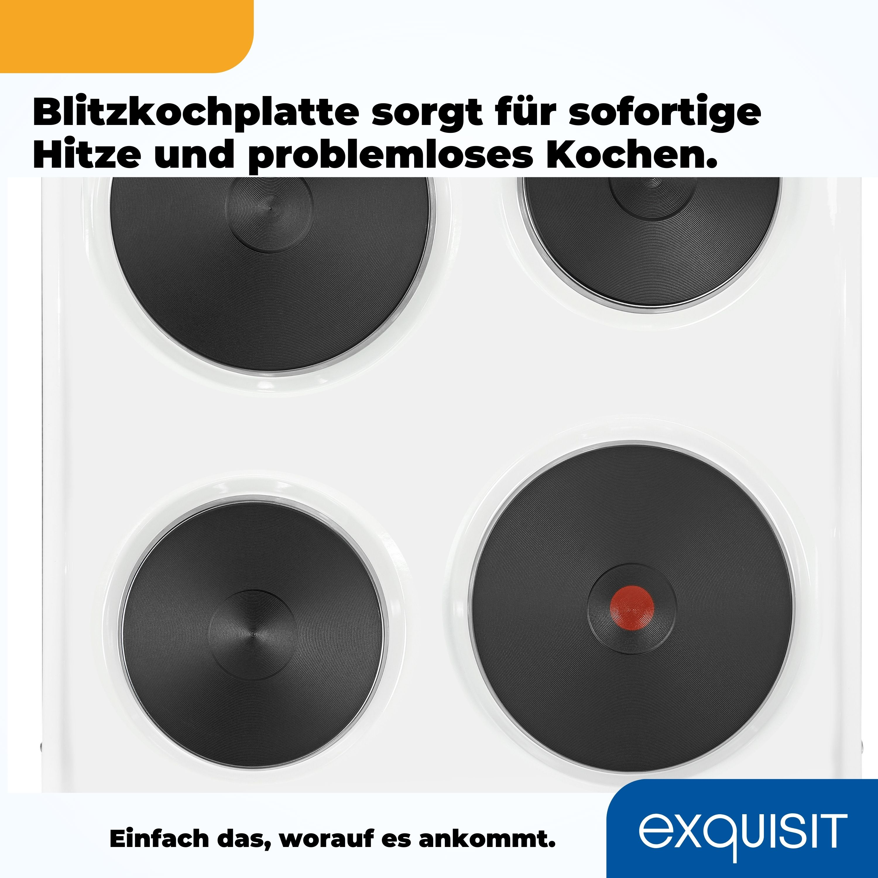 Ein weißes Kochfeld mit vier schwarzen Brennern. Ein rotes Kontrolllicht leuchtet.