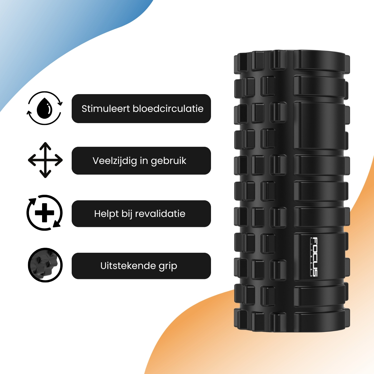 A black foam roller with four icons and text describing its features. Black and white background.