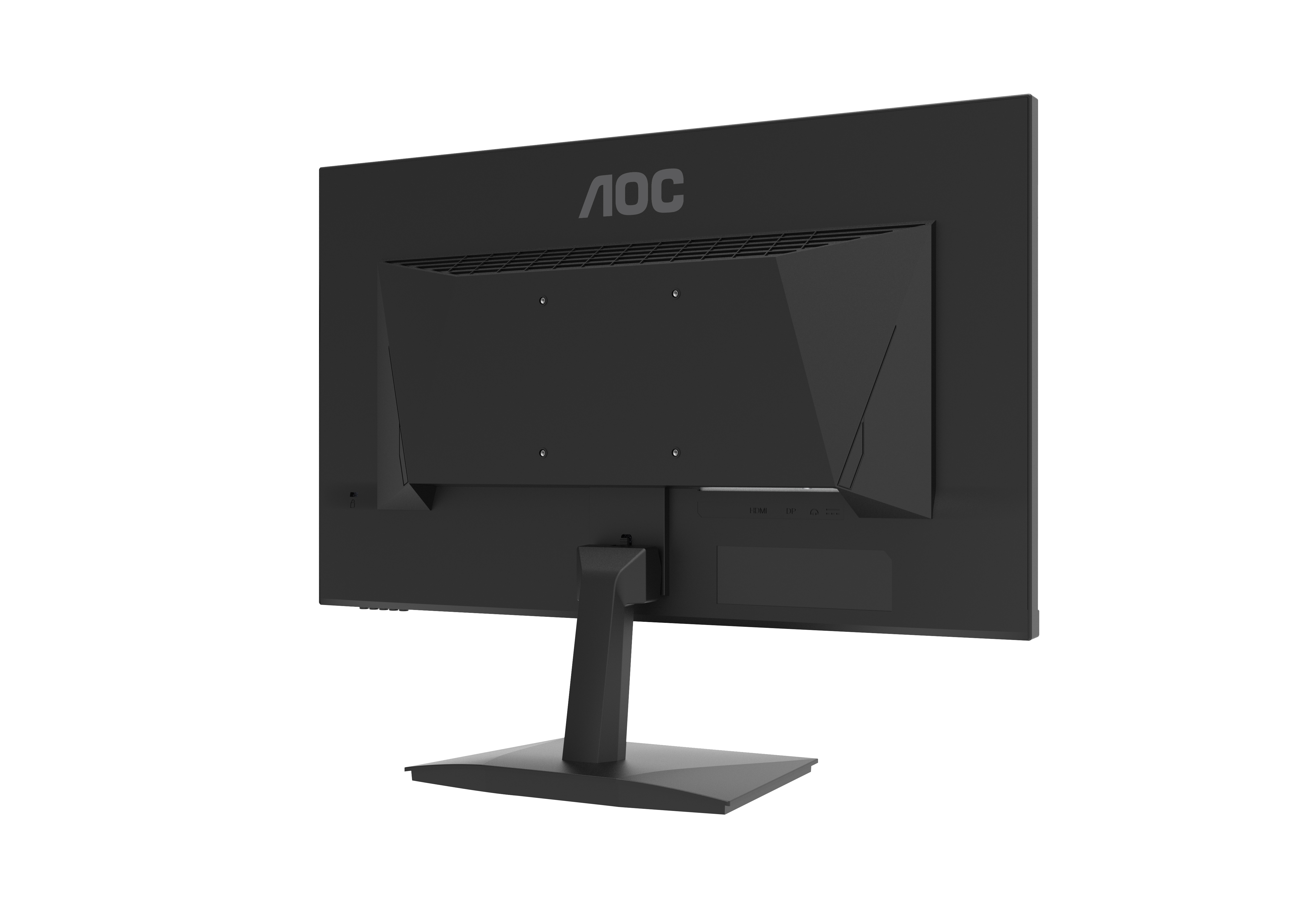 Un monitor de computadora AOC negro, la vista trasera, con el logotipo de AOC.