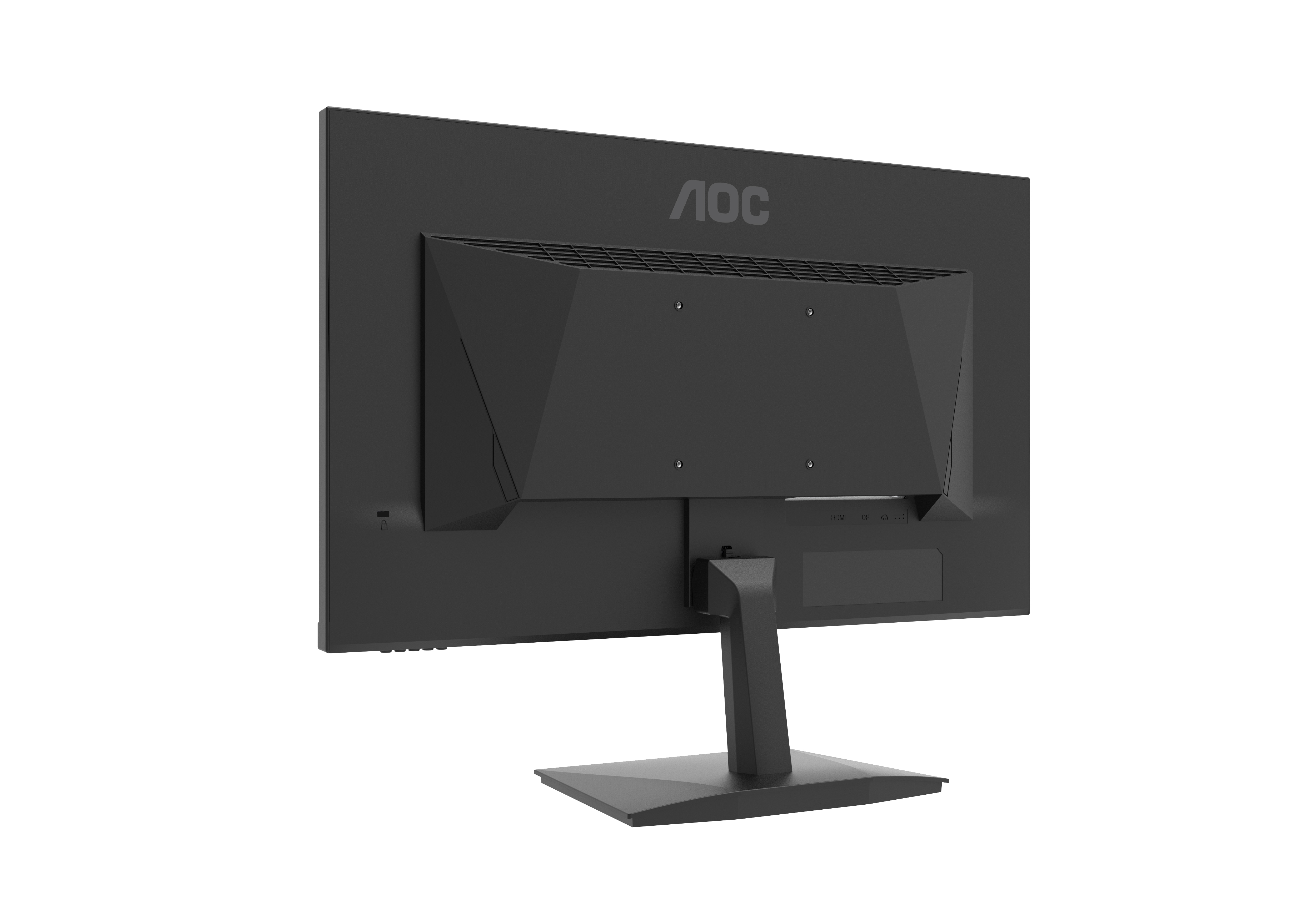 Vista trasera del monitor AOC. La parte trasera es negra con un soporte, puertos y el logotipo de AOC.
