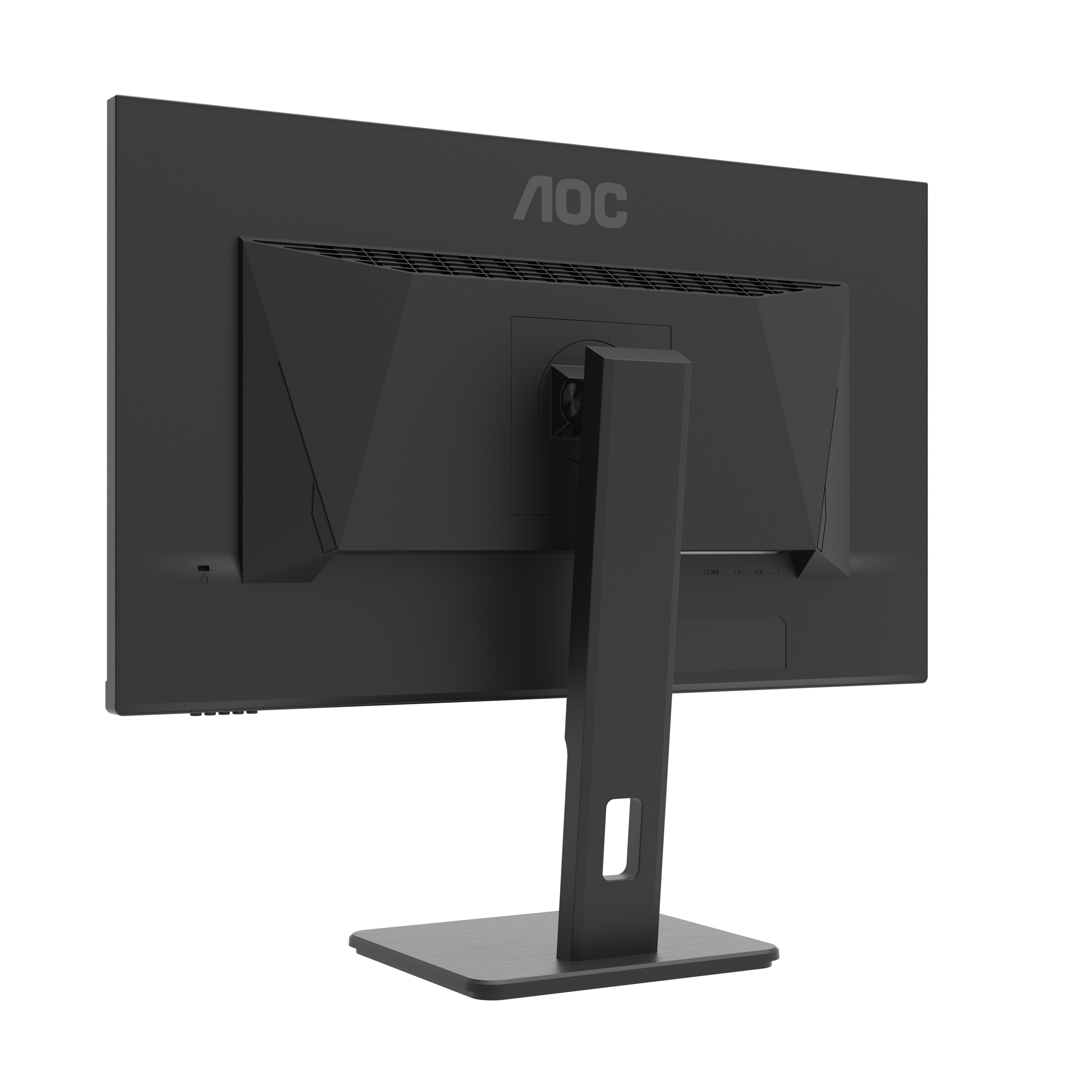 Parte trasera del monitor de ordenador negro. Tiene un soporte y conexiones en la parte inferior.