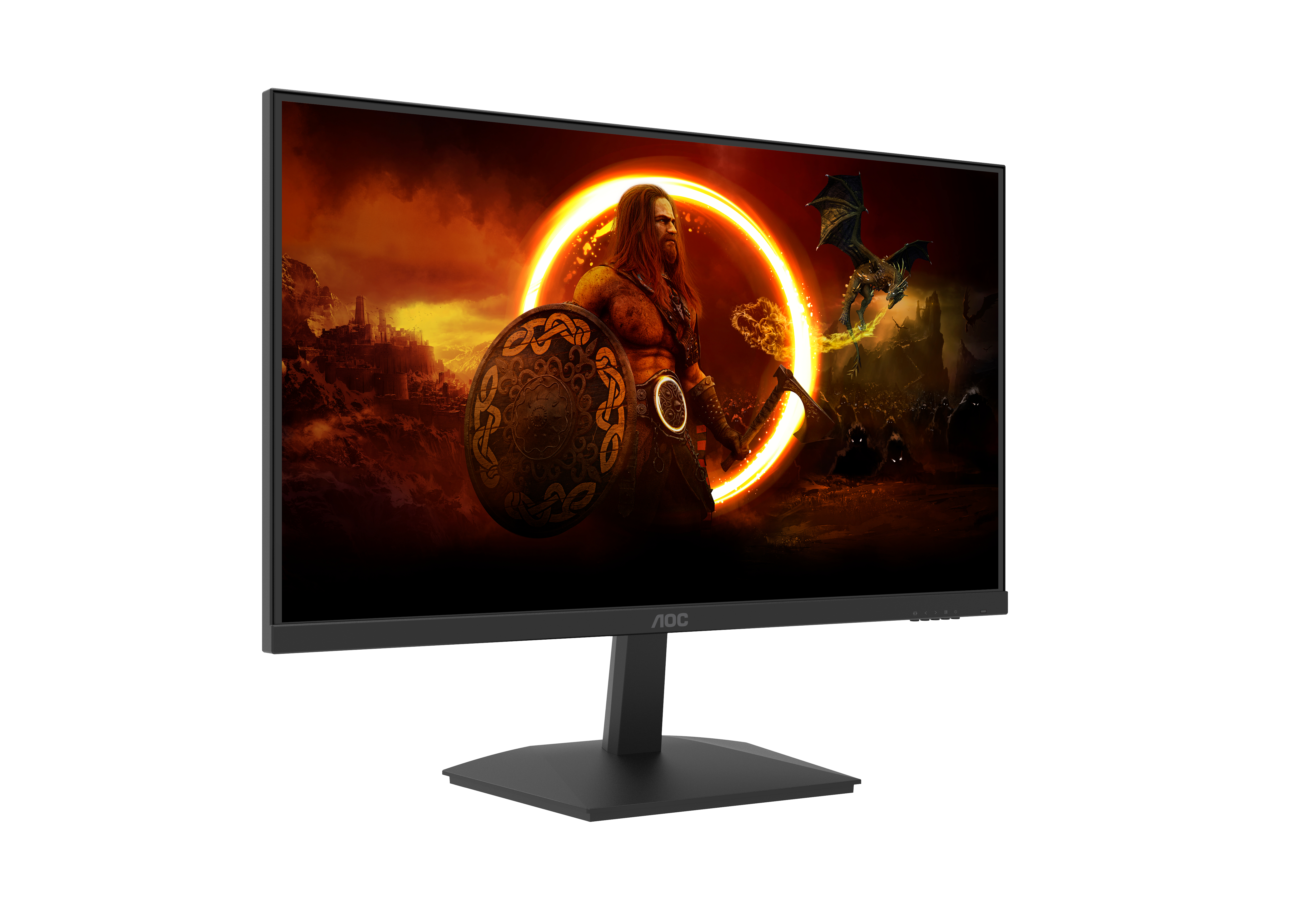 Monitor de juegos que muestra una escena de fantasía. Un guerrero y un dragón luchan en un entorno de fuego.