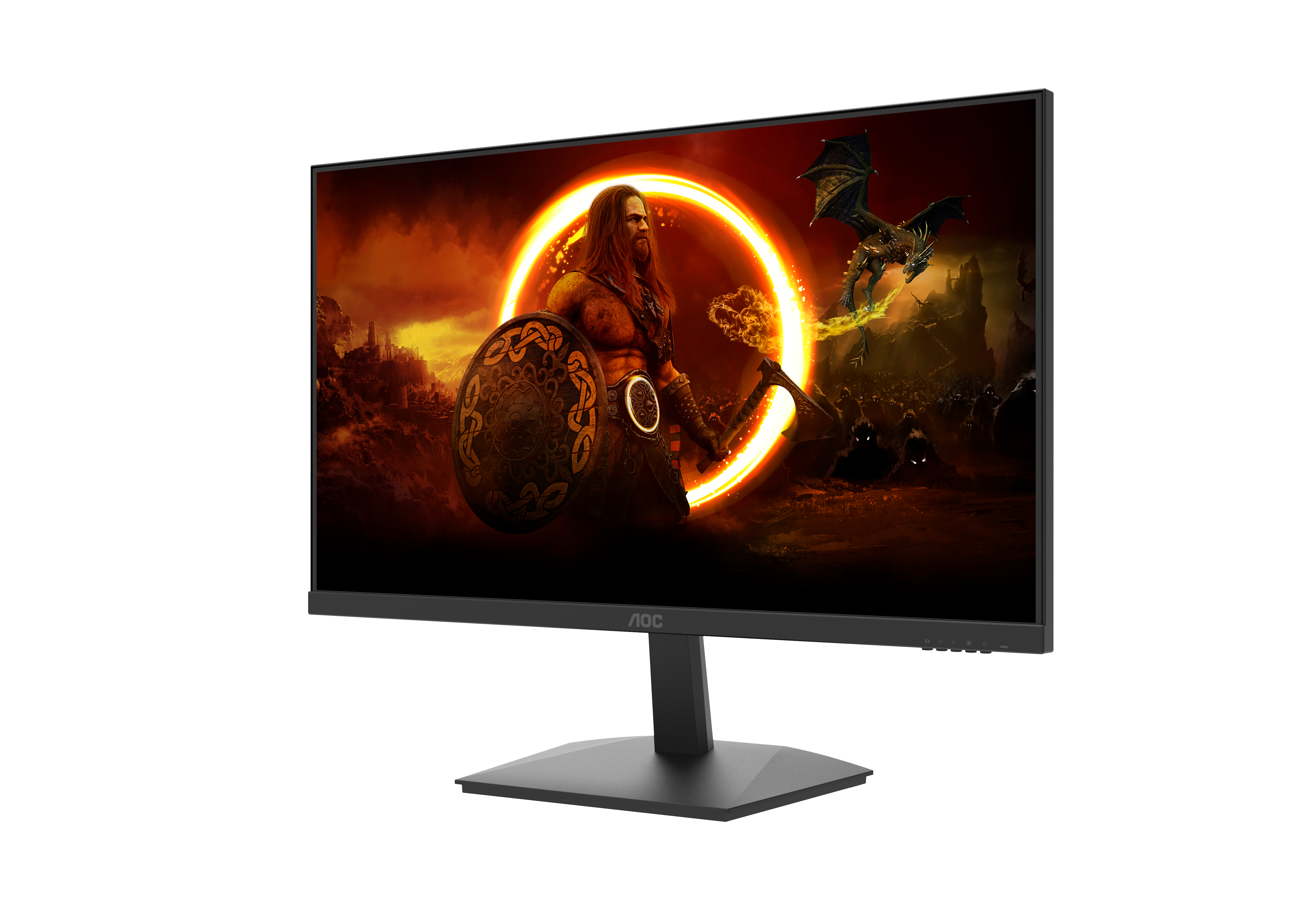 Un monitor de ordenador negro que muestra una escena de fantasía. El monitor tiene un soporte y un marco negro.