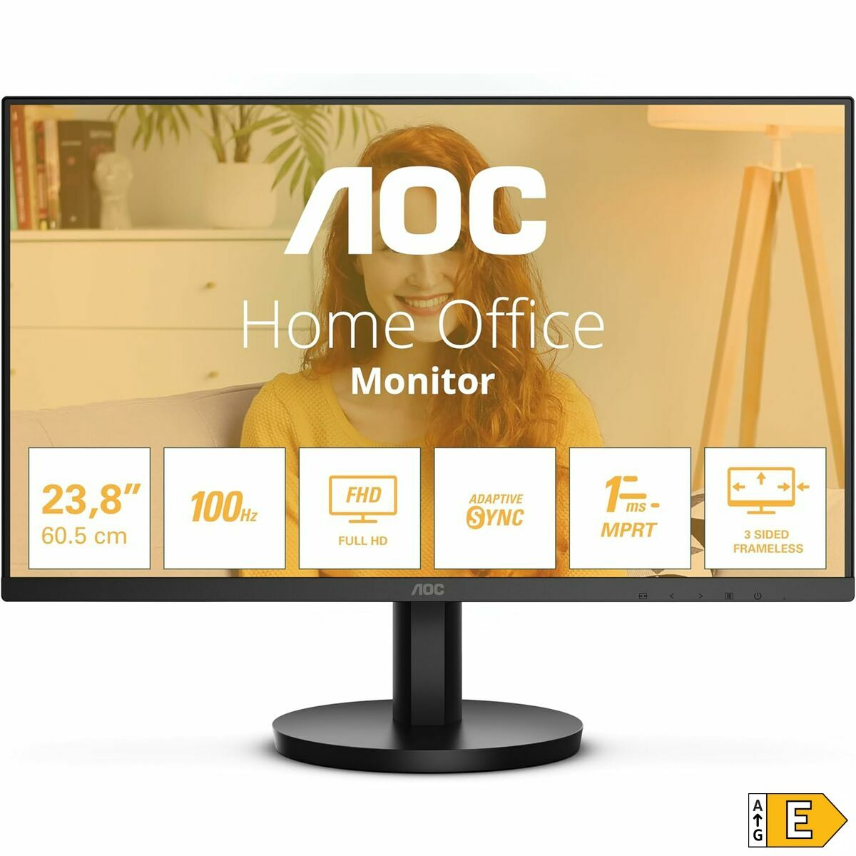 Moniteur AOC avec le visage d'une femme sur l'écran. Il est noir, avec du texte.
