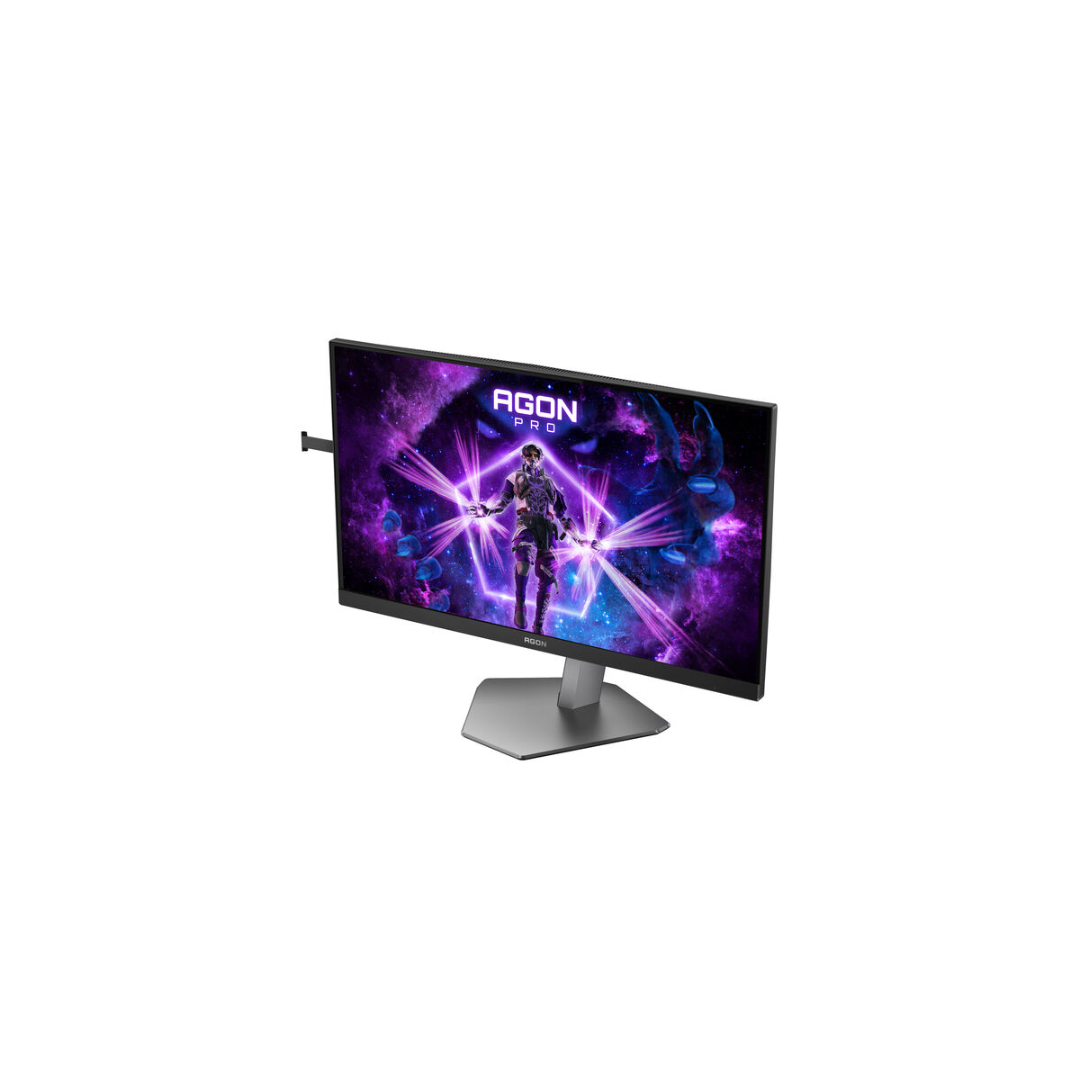 Gaming monitor met een man en een paarse scène. De monitor is zilverkleurig met een standaard.