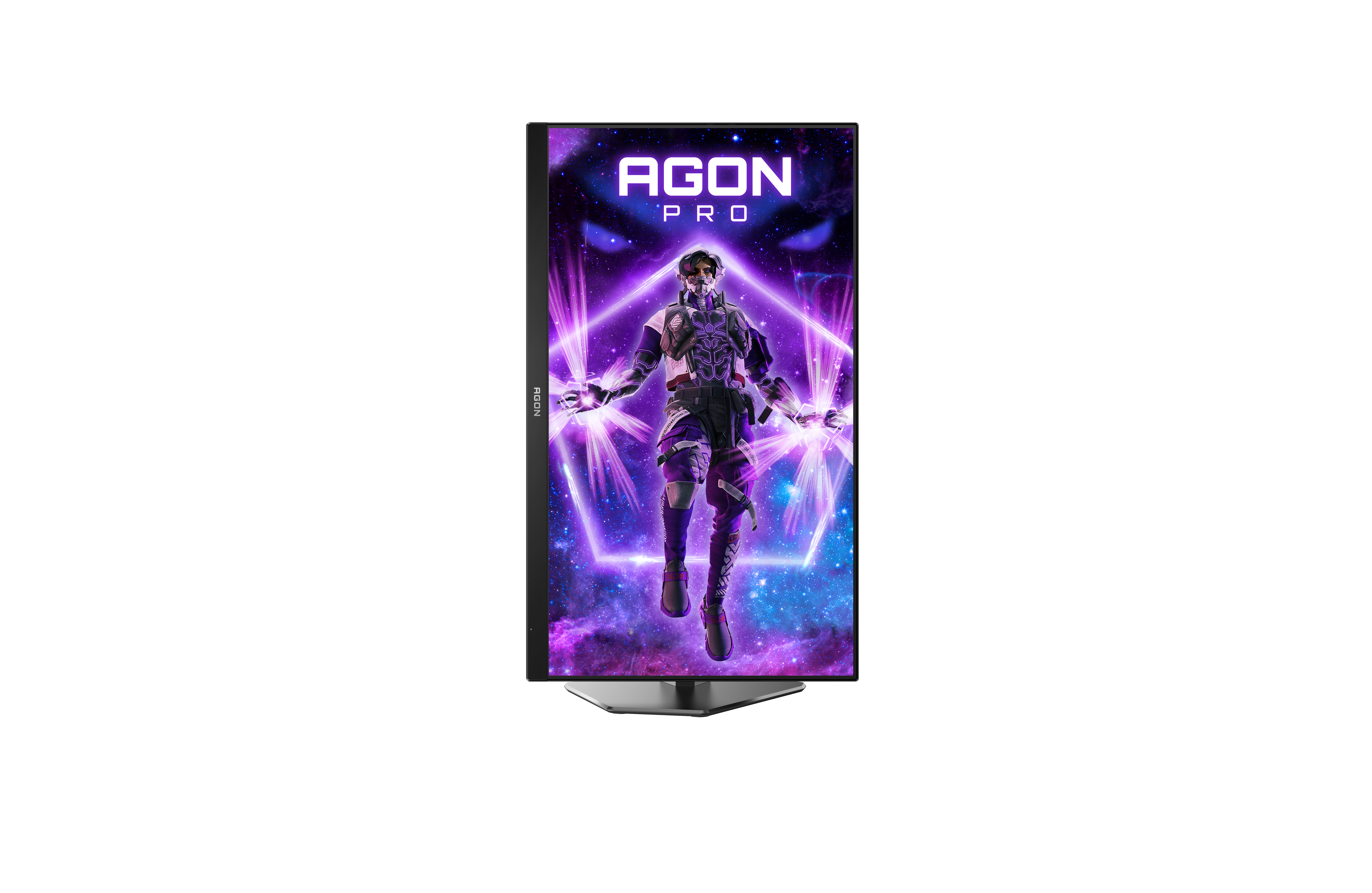 Een gamingmonitor met een figuur op het scherm. De monitor heeft een zwart frame.