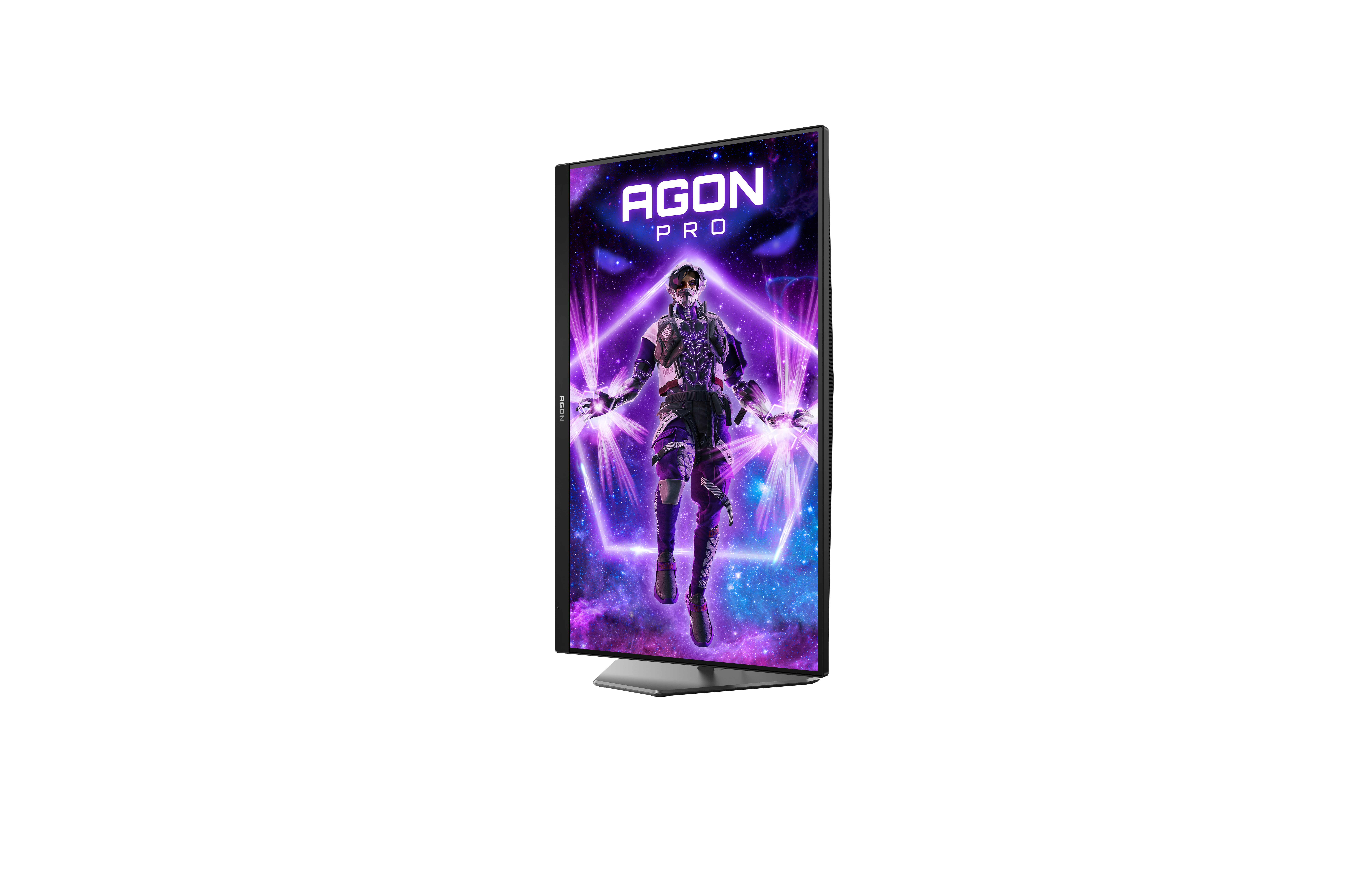 Een gamingmonitor die een paars thema-afbeelding weergeeft. Het scherm heeft een zwart frame.