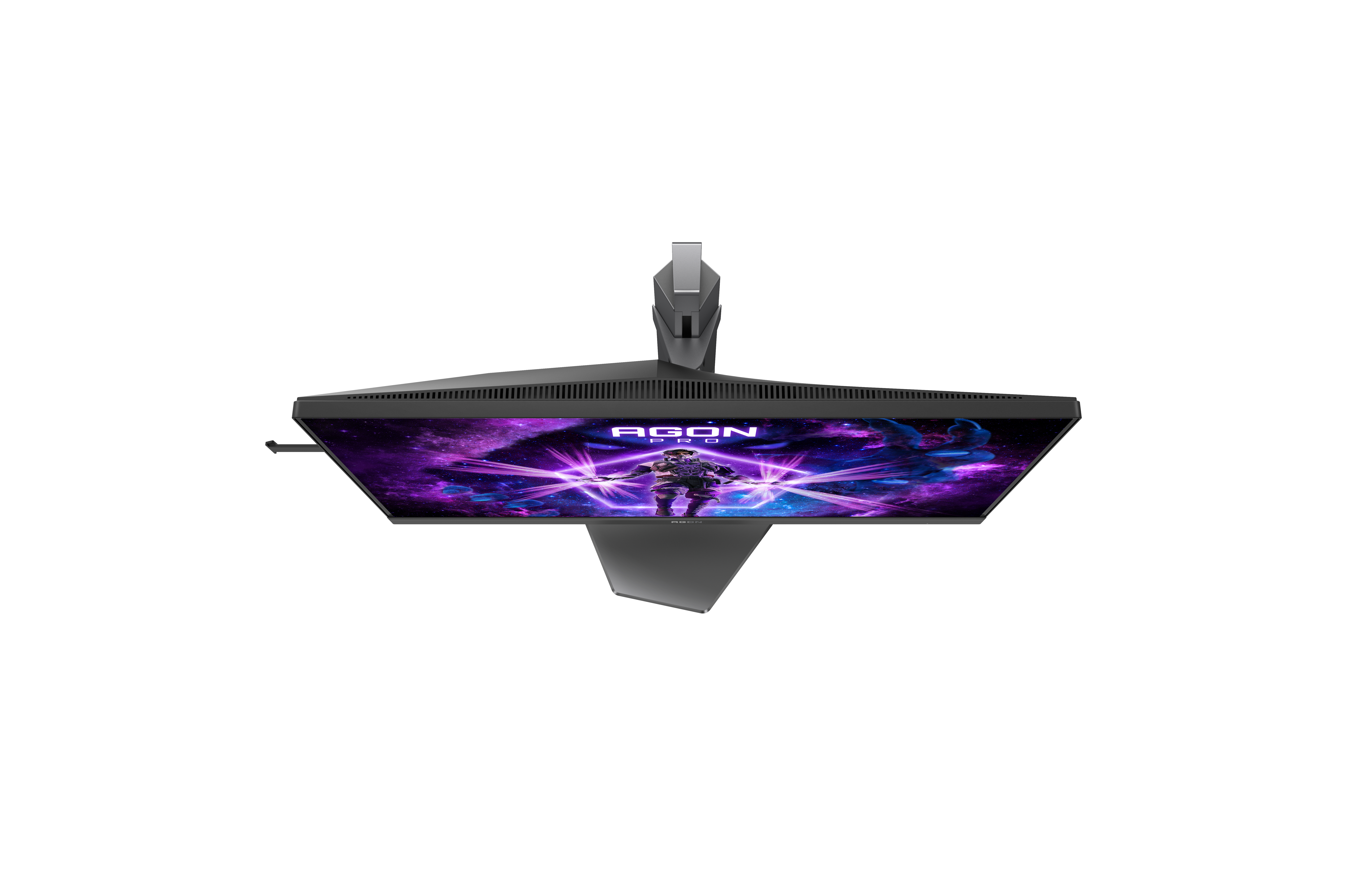 Een bovenaanzicht van een monitor met een paars en zwart scherm. De monitor heeft een zwart frame. Het AGON-logo staat op het scherm.