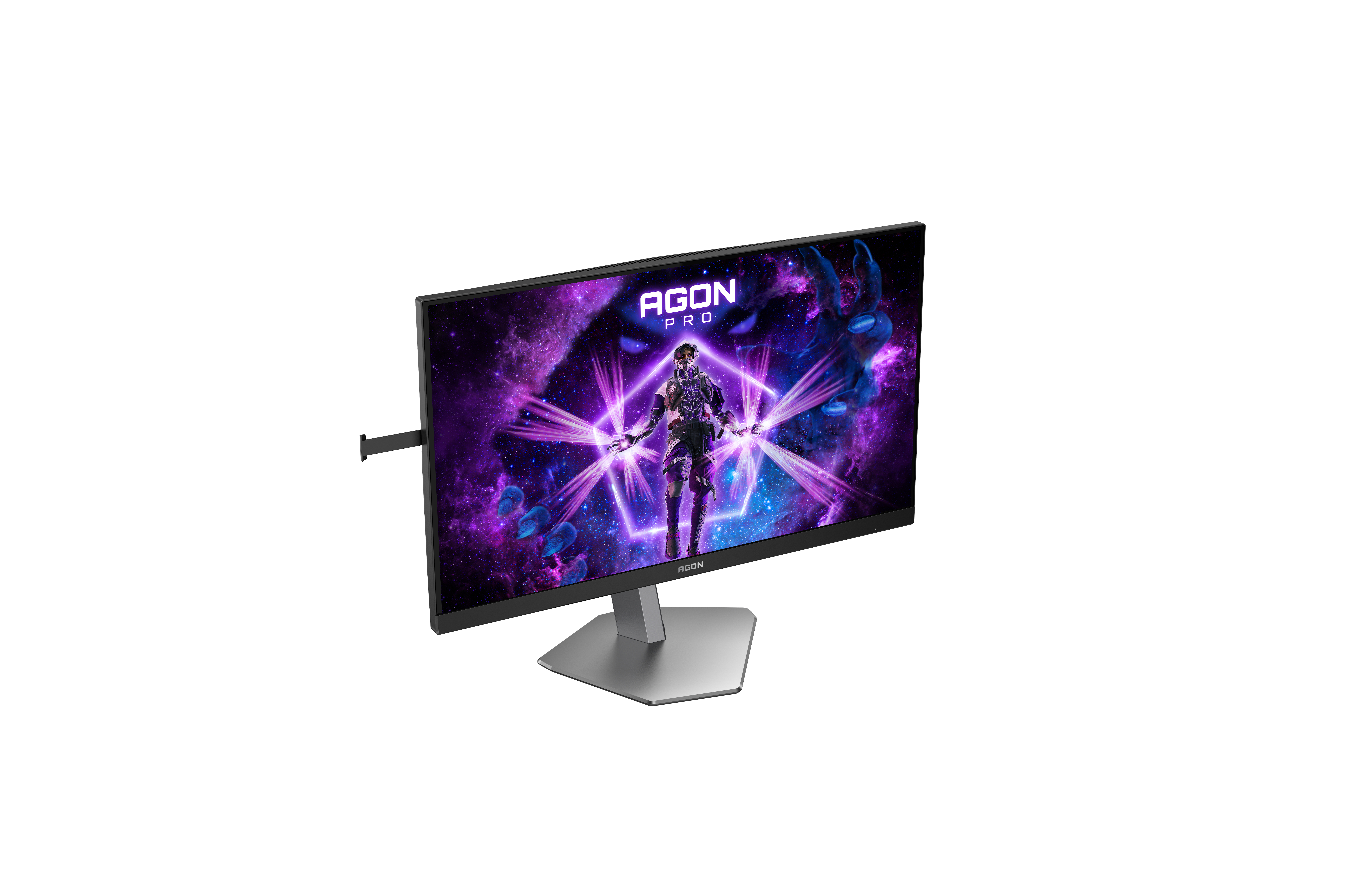 Een gaming monitor toont een kleurrijke game scene met een held in het midden.