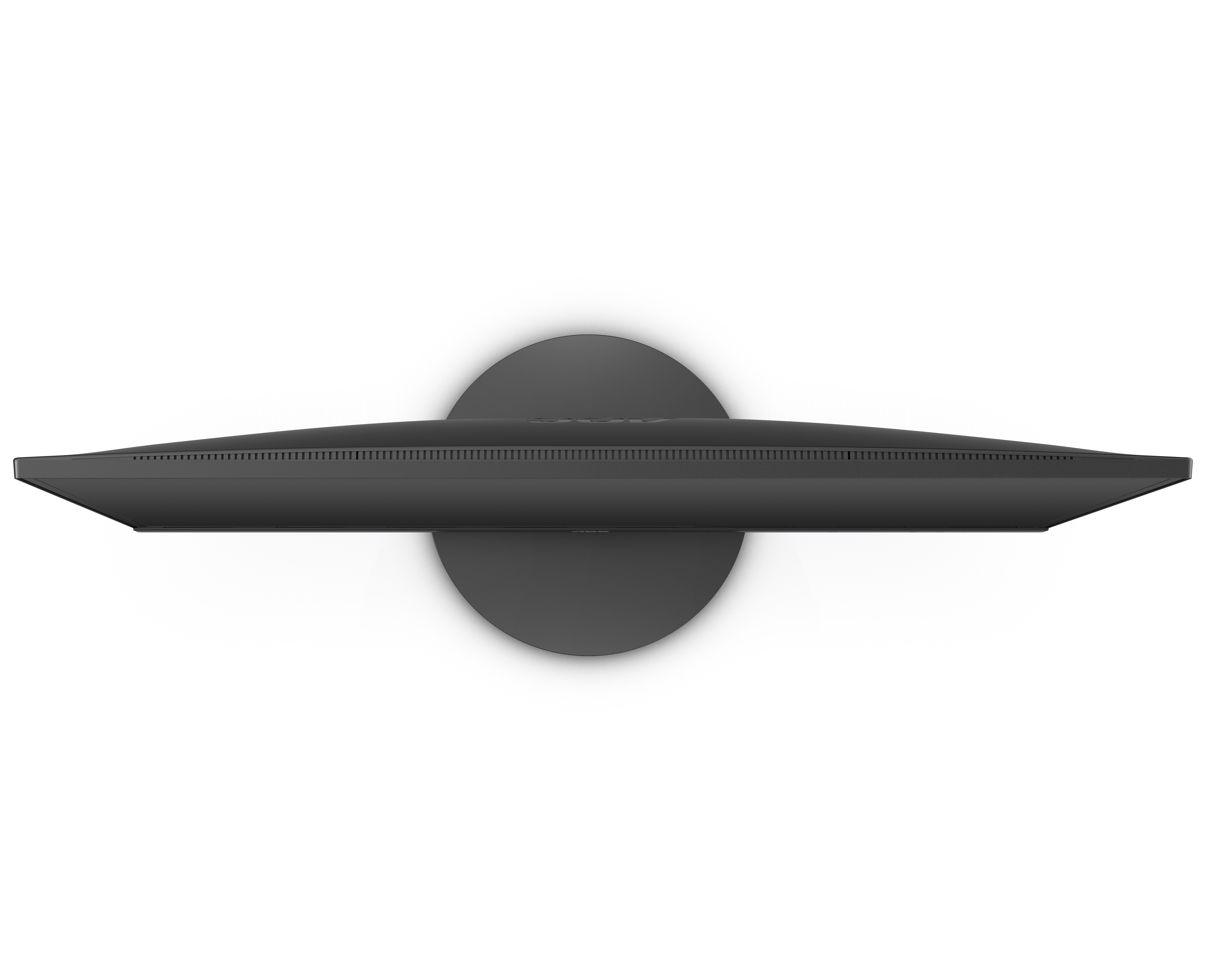 Widok z góry na czarny monitor komputera na szarej podstawce. Białe tło.