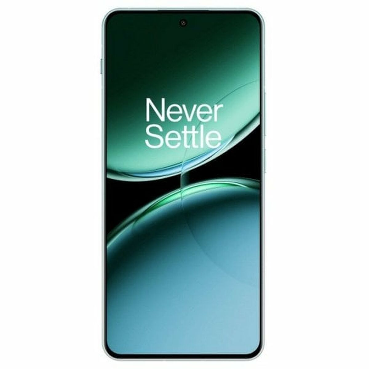 Teléfono OnePlus mostrando 'Never Settle' en la pantalla, contra un degradado verde y negro.
