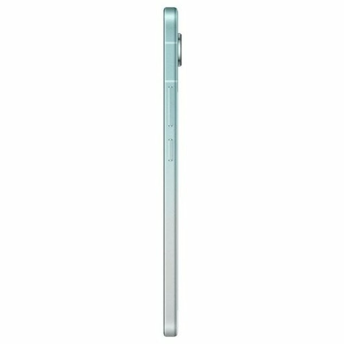 Un teléfono inteligente verde azulado, perfil lateral, con botones y protuberancia de la cámara visibles.
