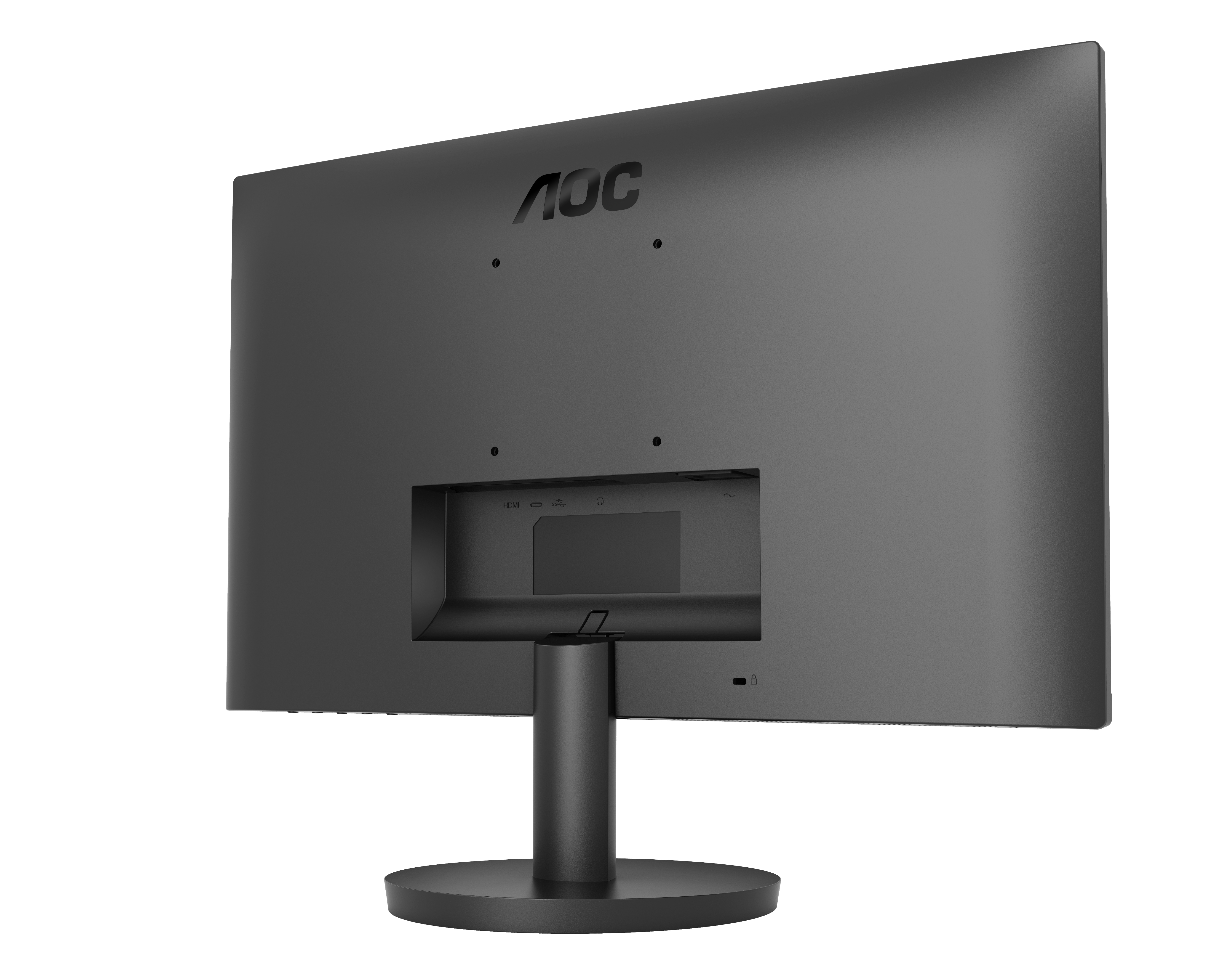 Achterkant van een zwarte AOC monitor met poorten en standaard. Het AOC-logo staat bovenaan.