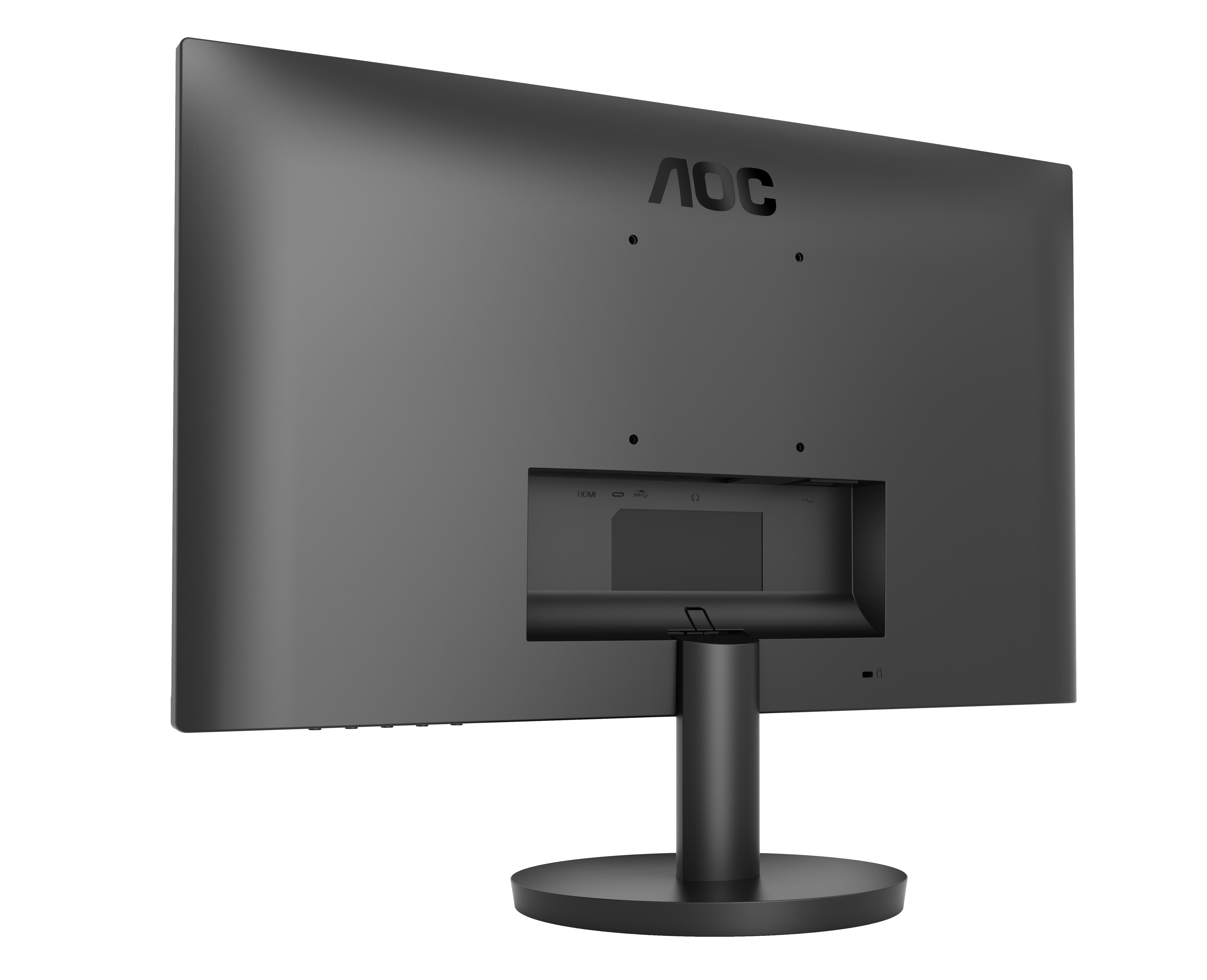 Een zwarte monitor met het AOC-logo aan de achterkant, met poorten.