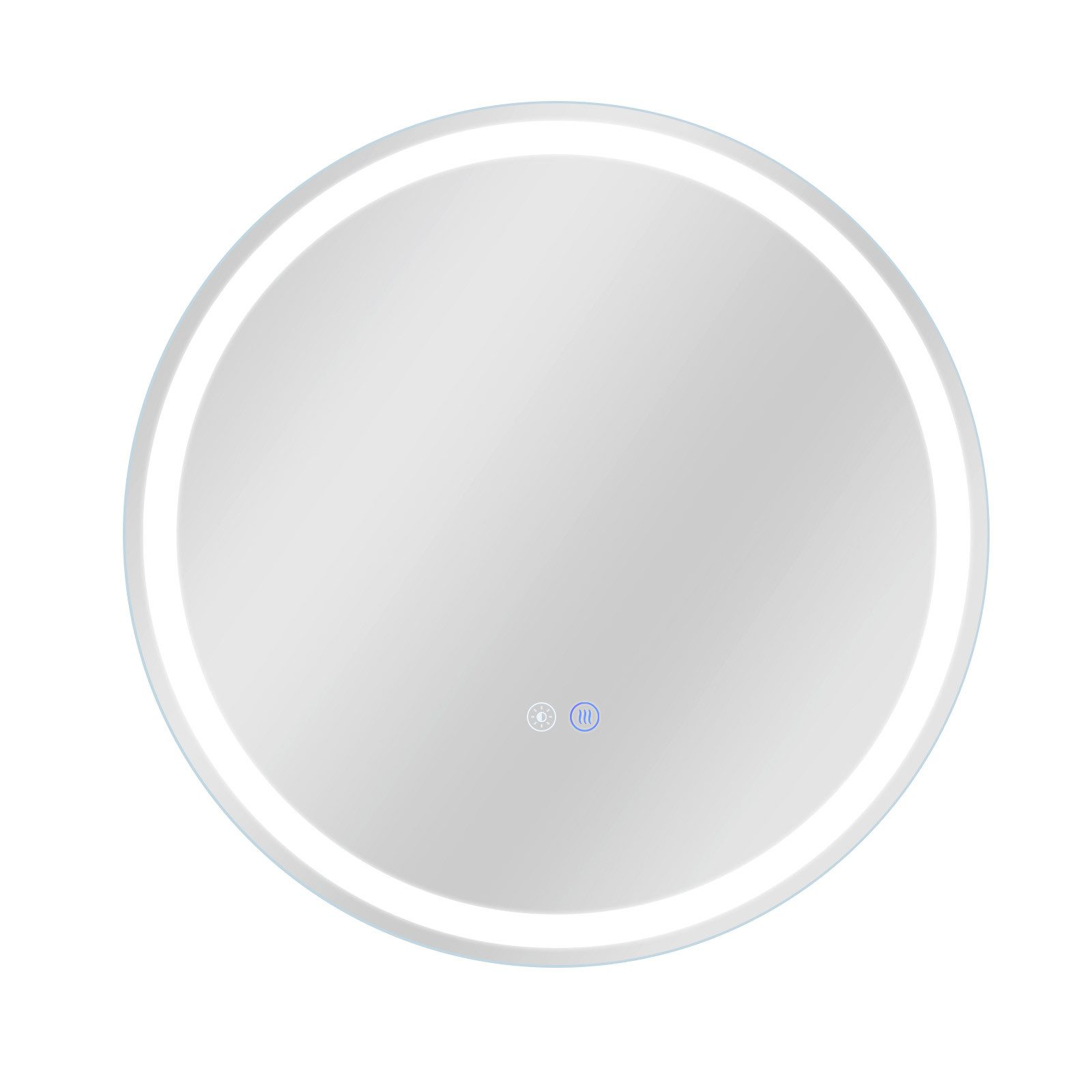 Okrągłe lustro z białym światłem wokół krawędzi. Dwa małe przyciski dotykowe na dole.