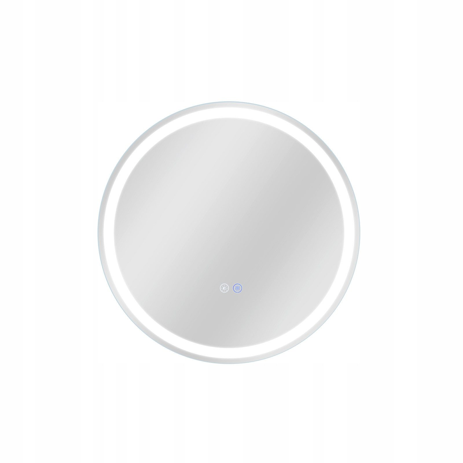 Okrągłe, podświetlane lustro z przyciskami dotykowymi na białym tle.