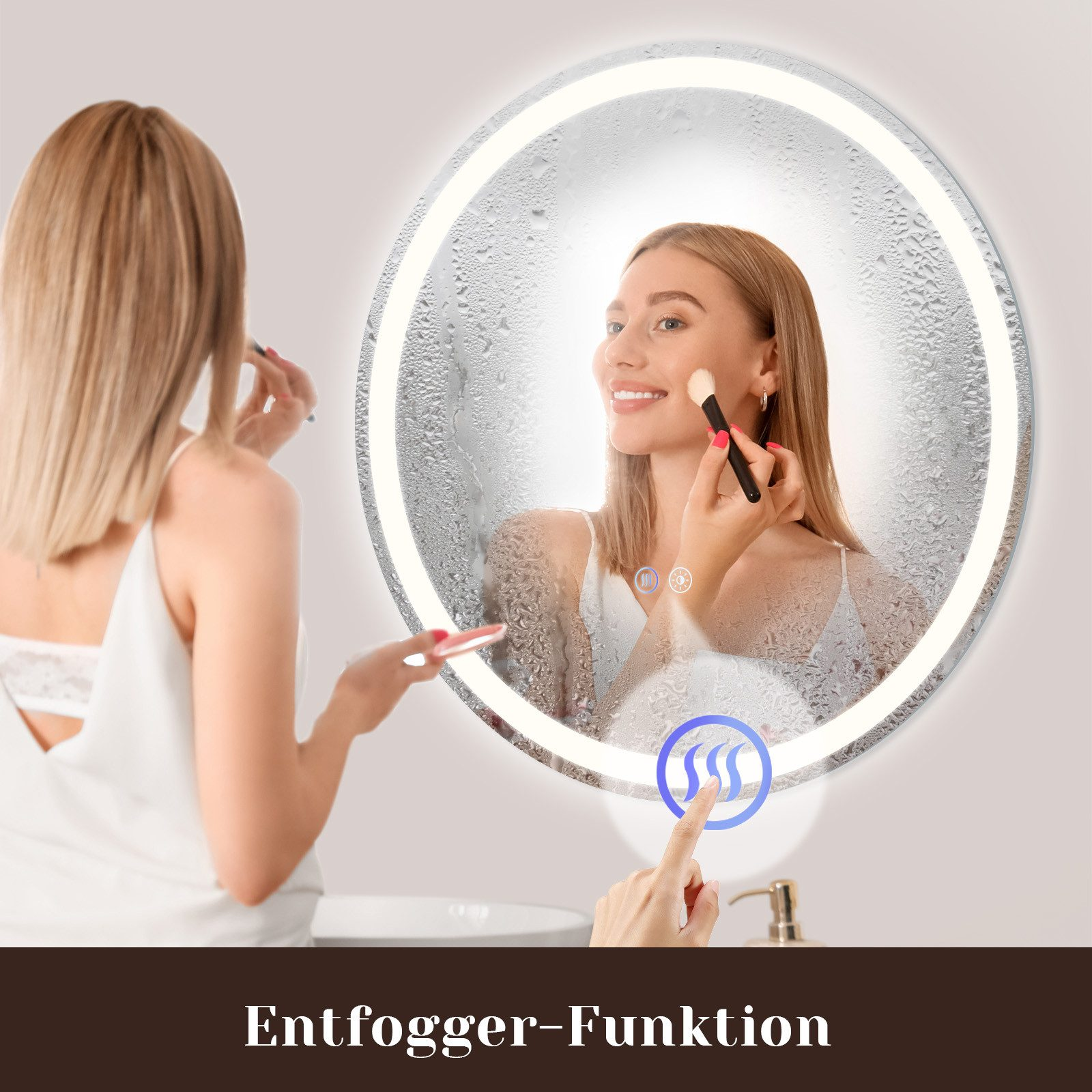 Kobieta nakładająca makijaż w podświetlanym, okrągłym lustrze. Lustro pokazuje sterowanie dotykowe.