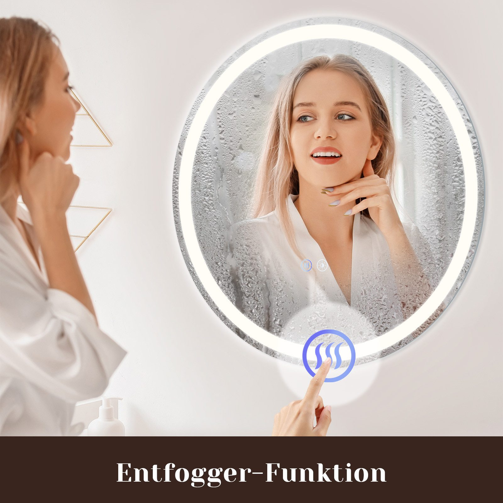 Kobieta patrzy w okrągłe lustro. Pod lustrem widoczne są przyciski dotykowe.